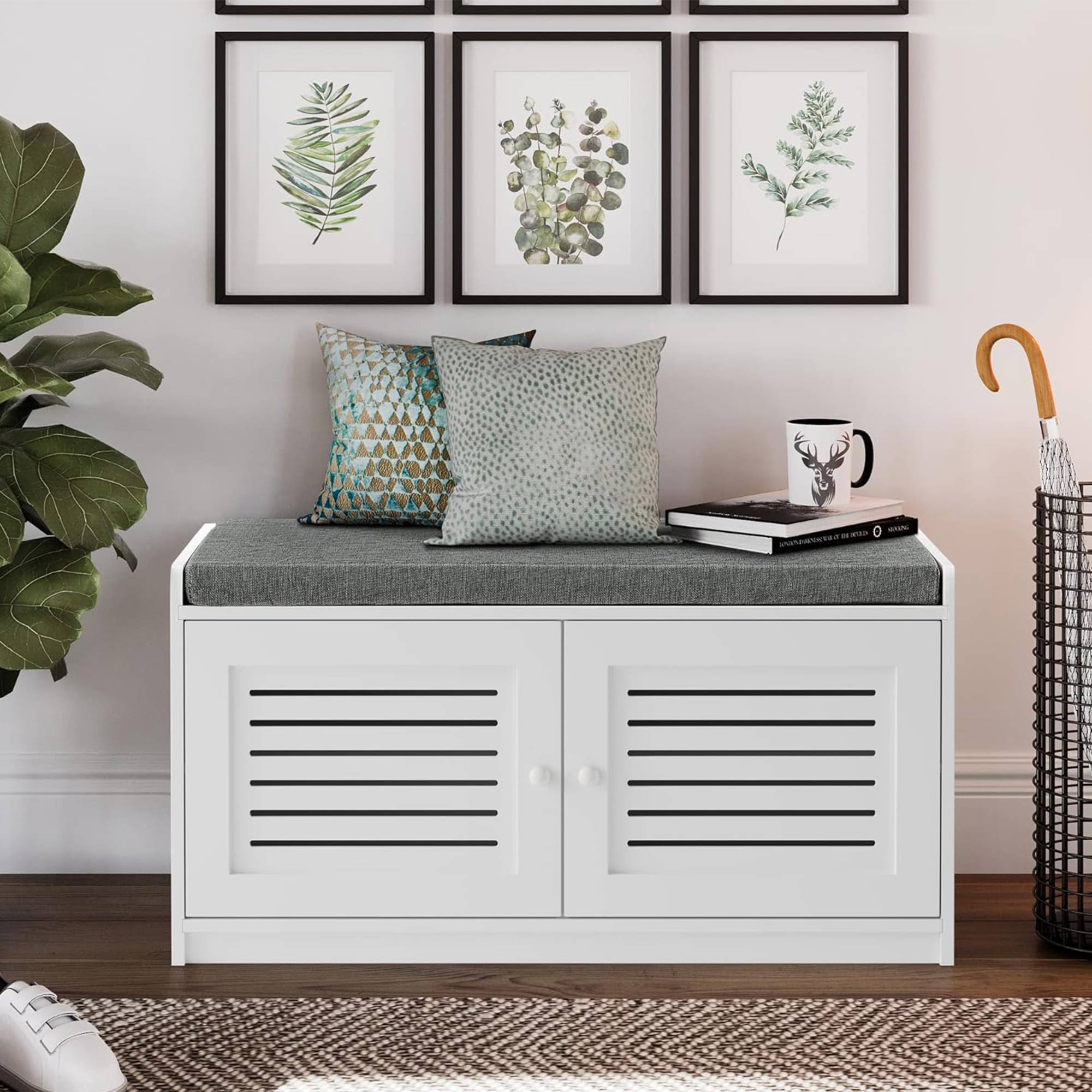 Sturdis Shoe Storage Bench w/ Adjustable Shelves & Cushioned Seat, White (Used) - VMInnovations