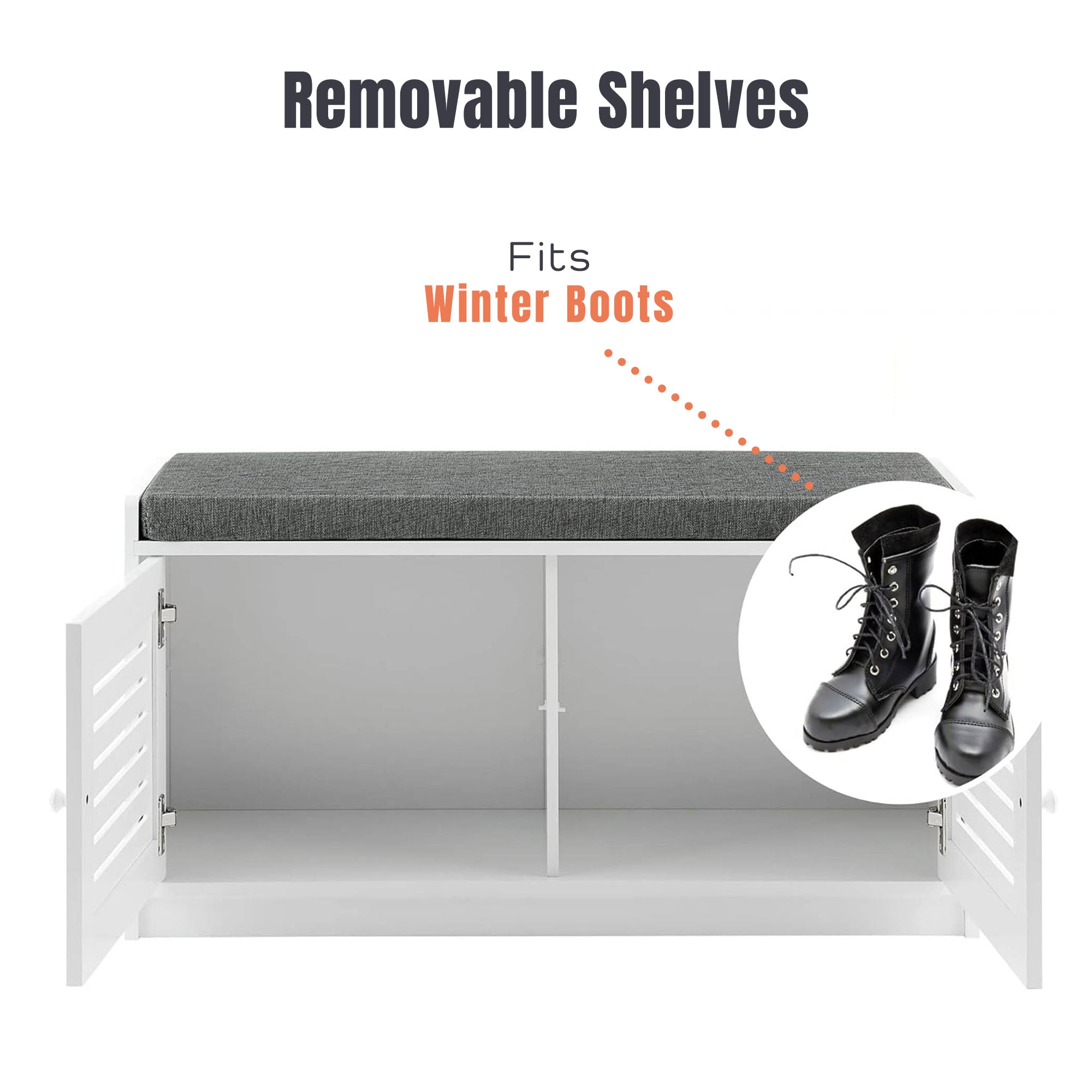 Sturdis Modern Shoe Storage Bench w/ Adjustable Shelves & Cushioned Seat, White - VMInnovations