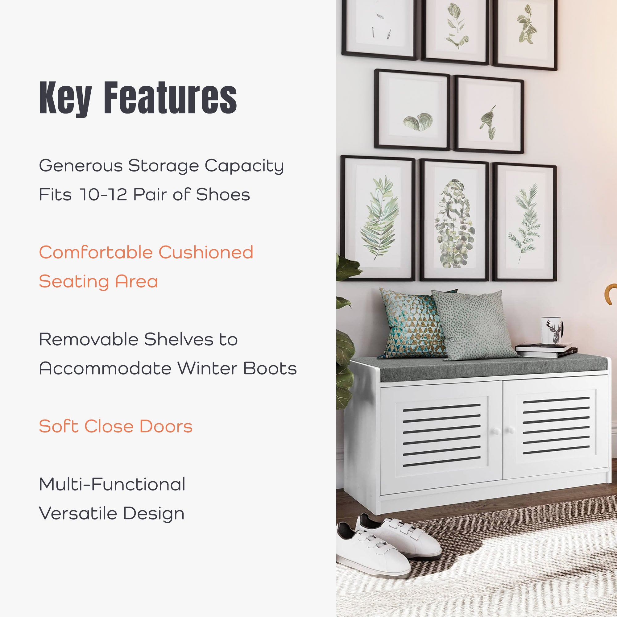 Sturdis Modern Shoe Storage Bench w/ Adjustable Shelves & Cushioned Seat, White - VMInnovations