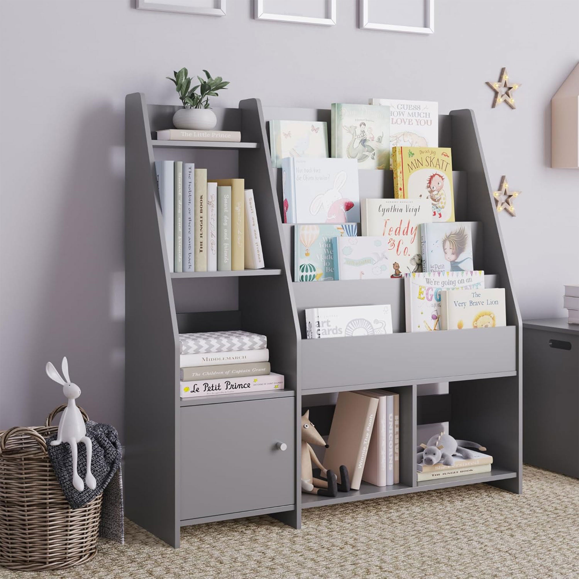 Sturdis Modern Round Edge Wooden Durable Kids Bookshelf with Step Shelves, Gray - VMInnovations
