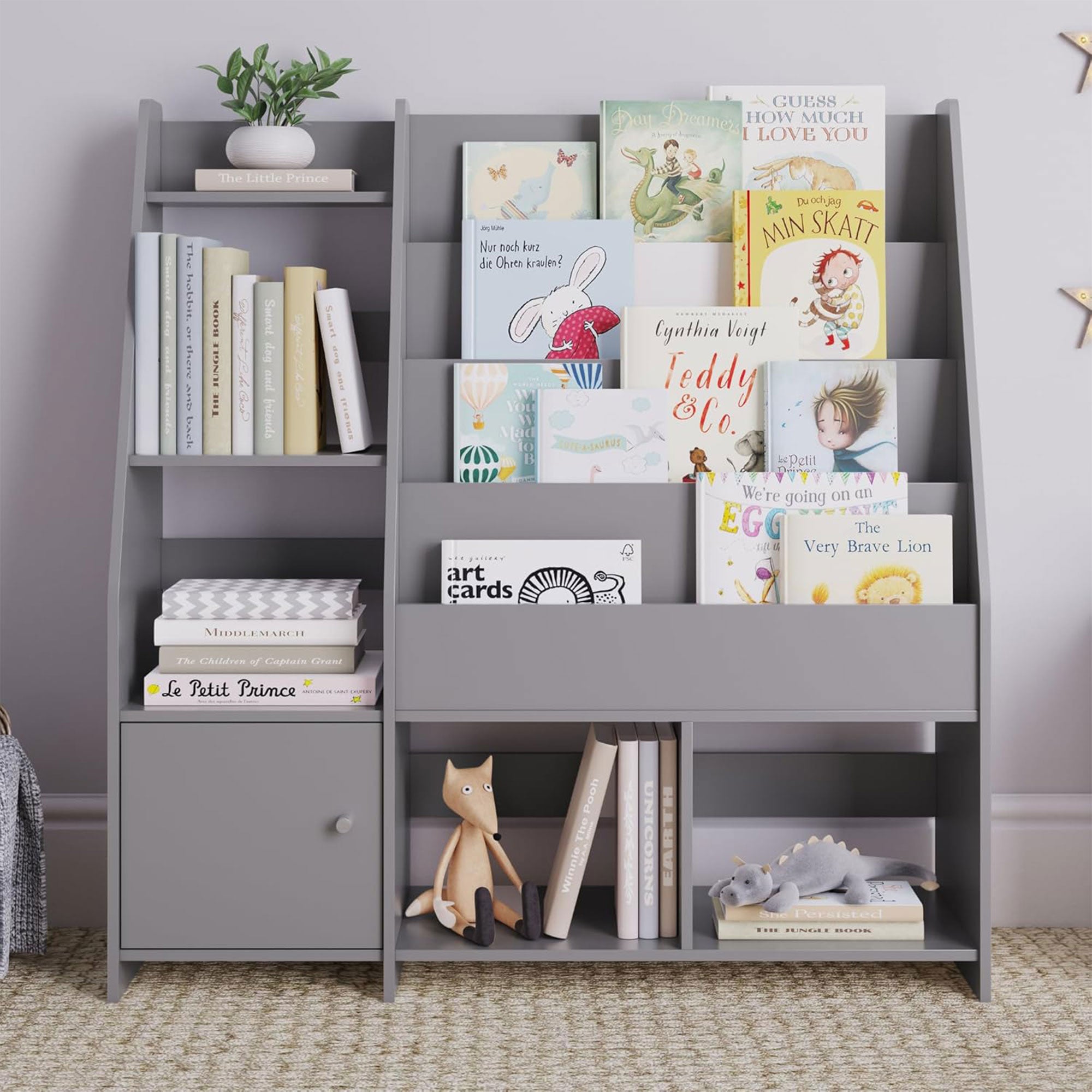 Sturdis Modern Round Edge Wooden Durable Kids Bookshelf with Step Shelves, Gray - VMInnovations