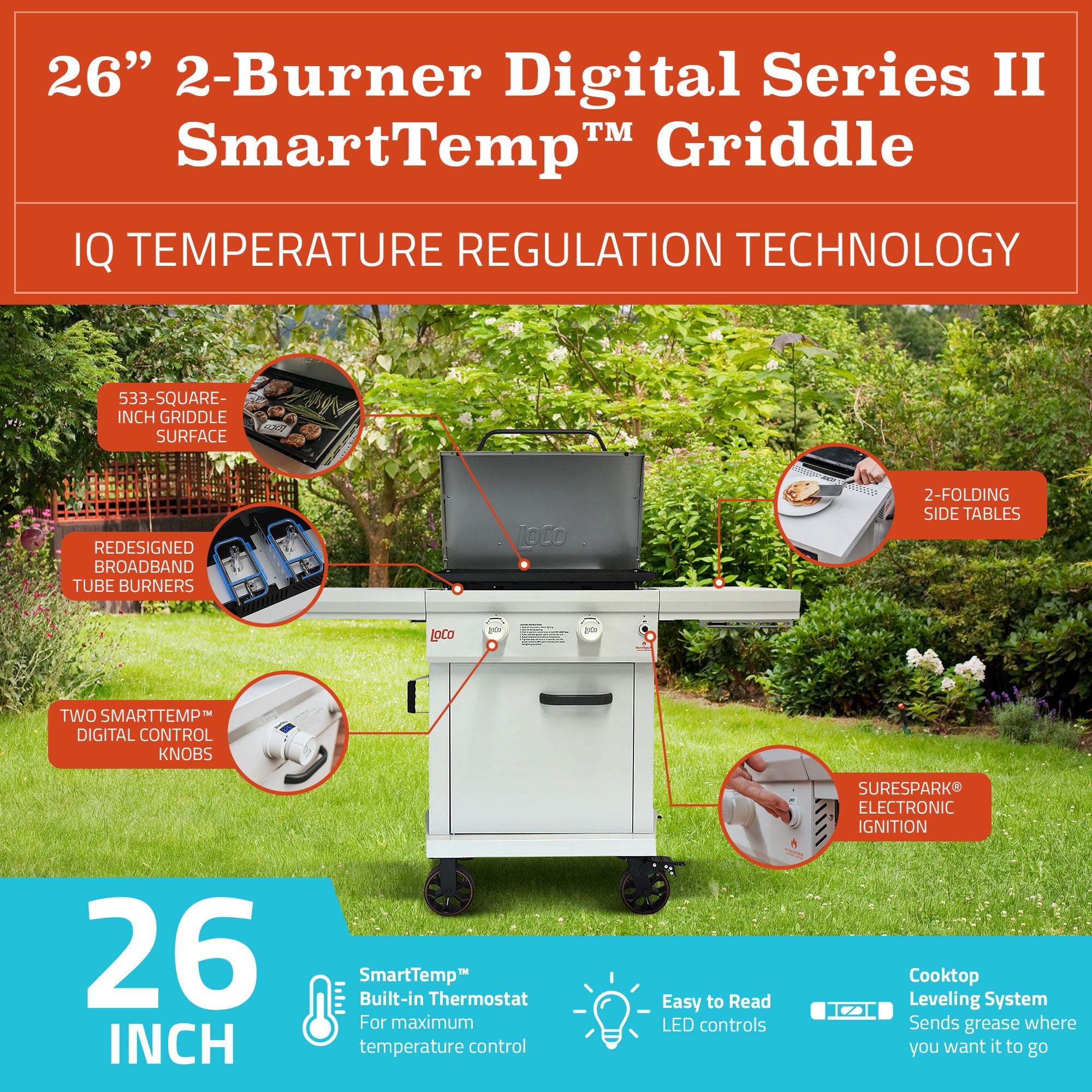 Loco Cookers 2-Burner Digital Series II Propane SmartTemp Flat Top Grill, 26" - VMInnovations