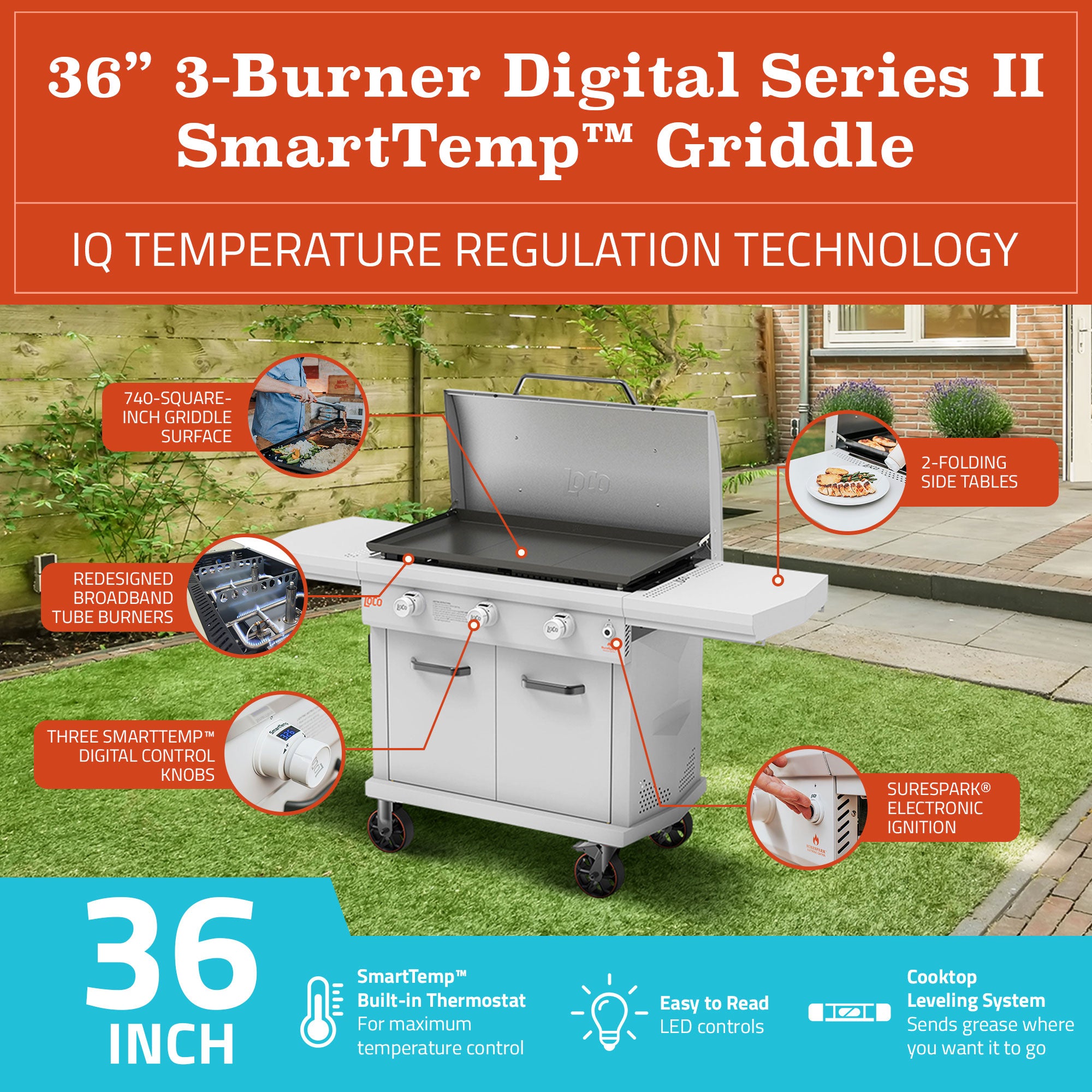 LoCo Cookers 3-Burner Digital Series II Propane Flat Top Grill, 36" (Open Box) - VMInnovations