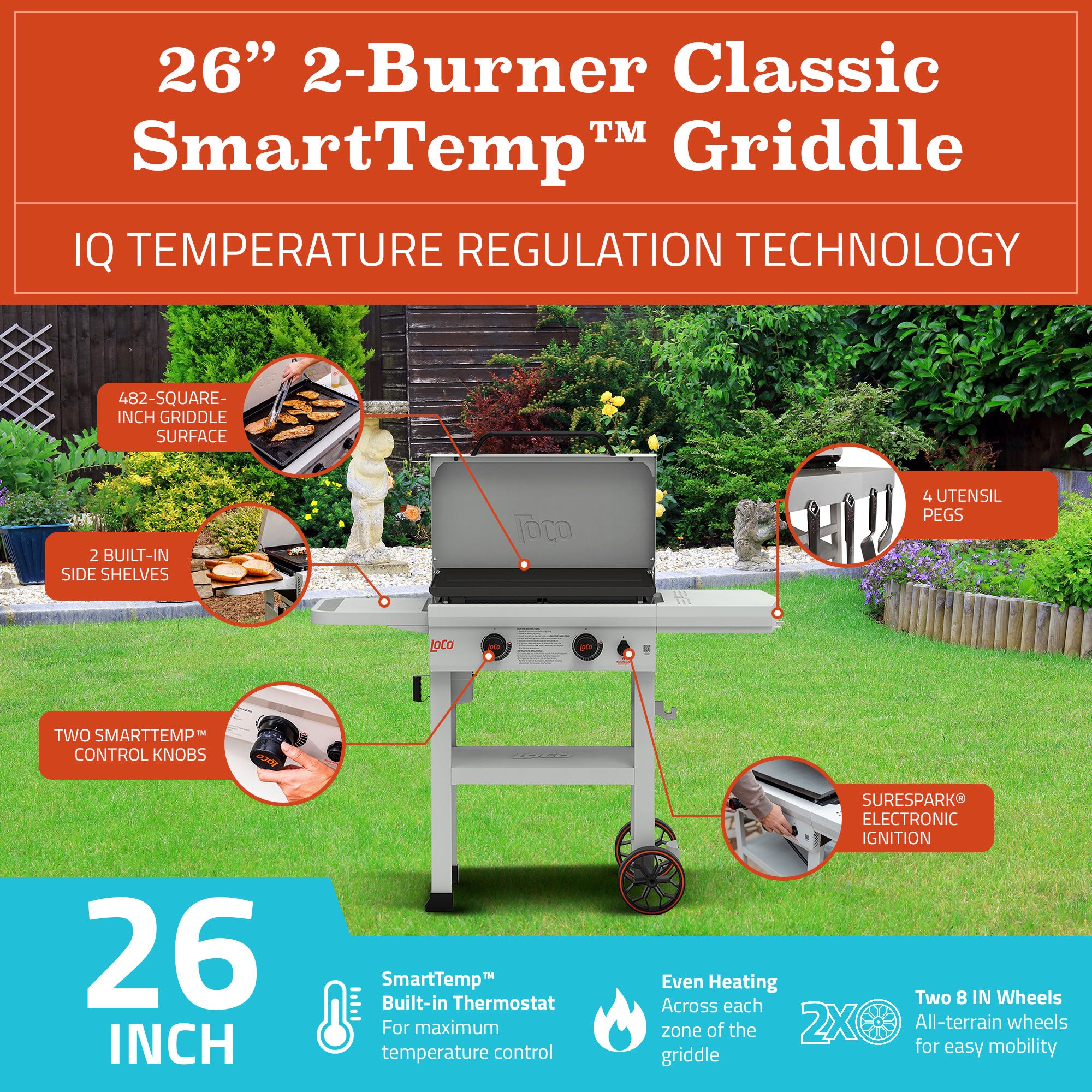 Loco Cookers 2-Burner SmartTemp Griddle Outdoor Flat Top Propane Gas Grill, 26" - VMInnovations