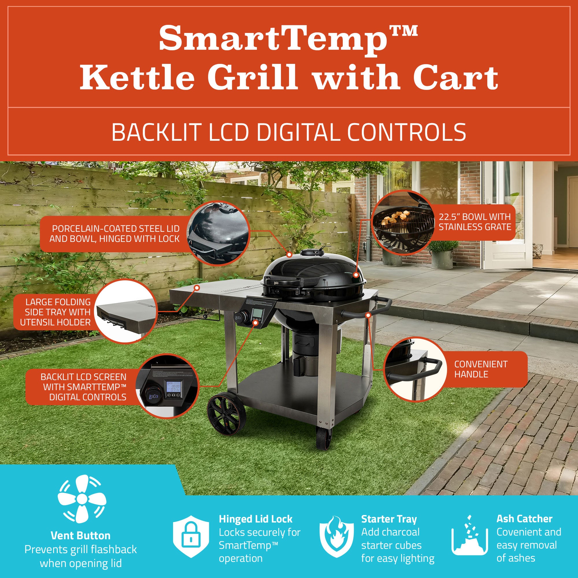 Loco Cookers 22.5 Inch SmartTemp Kettle Grill with Cart and Backlit LCD, Black - VMInnovations