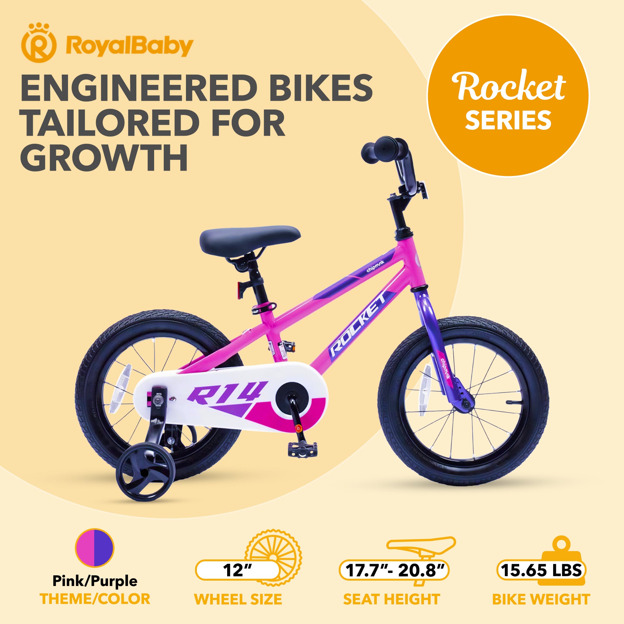 RoyalBaby Rocket Outdoor Children's Bike with Training Wheels, 12 Inch, Pink - VMInnovations
