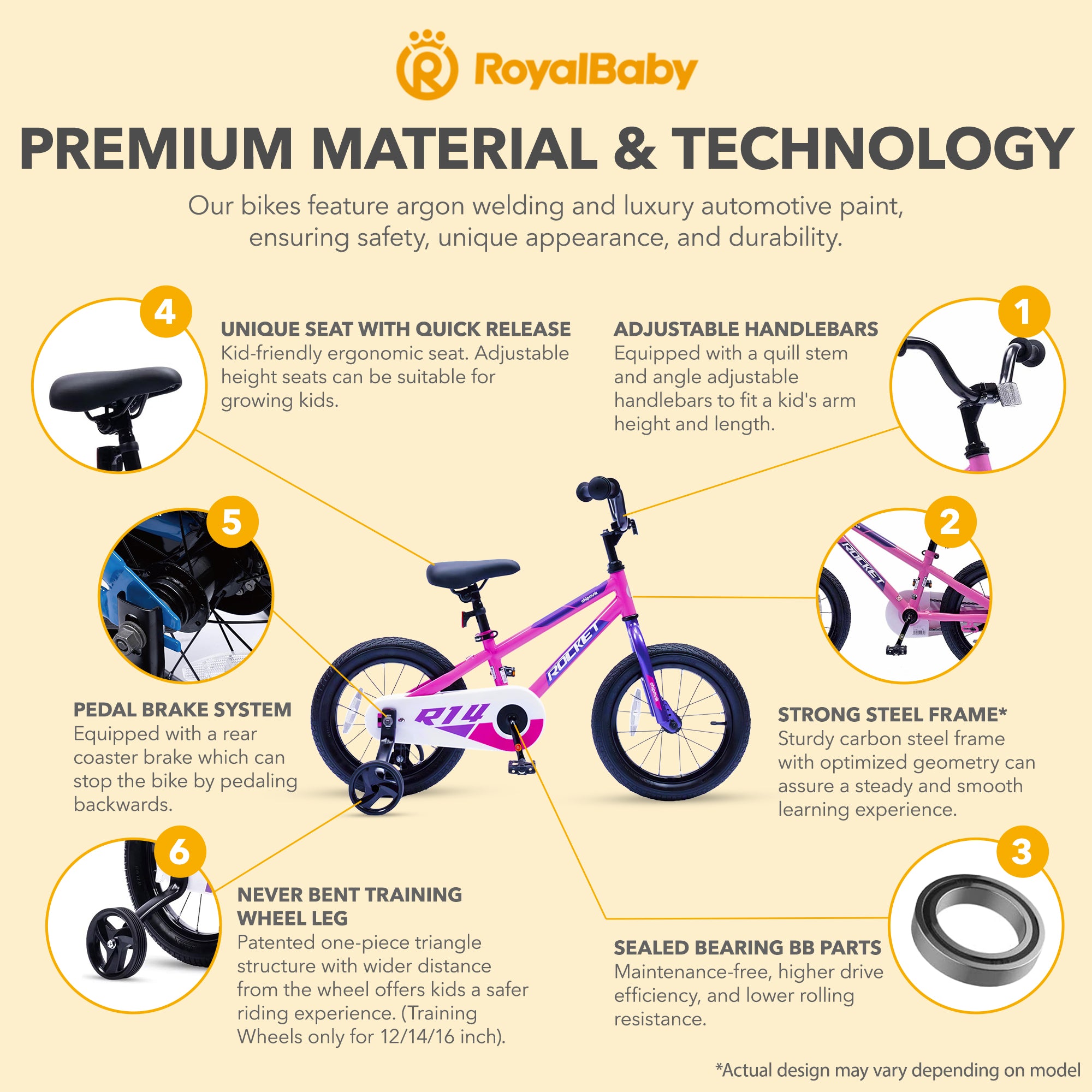 RoyalBaby Rocket Outdoor Children's Bike with Training Wheels, 12 Inch, Pink - VMInnovations