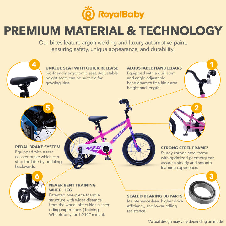 RoyalBaby Rocket Outdoor Children's Bike with Training Wheels, 12 Inch, Pink - VMInnovations