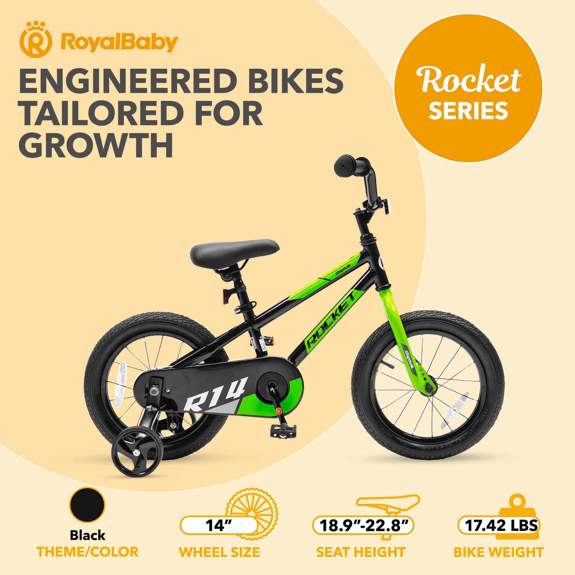 RoyalBaby Rocket Outdoor Children's Bike with Training Wheels, 14 Inch, Black