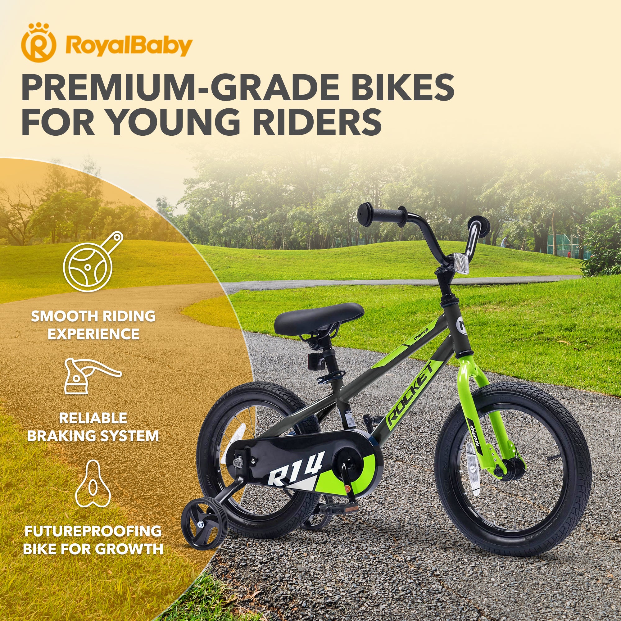 RoyalBaby Rocket Outdoor Children's Bike with Training Wheels, 14 Inch, Black