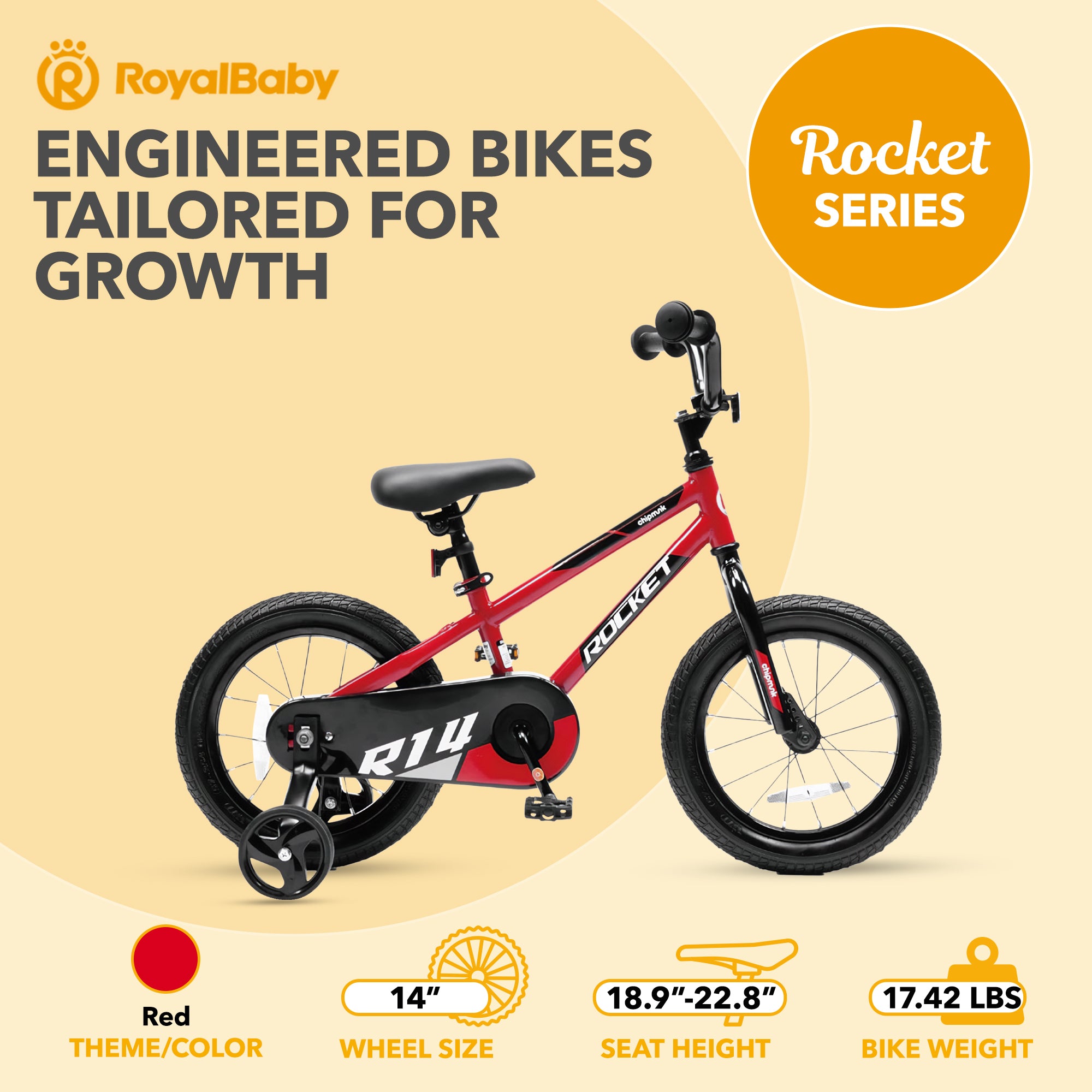 RoyalBaby Rocket Children's Bike with Training Wheels, 14 Inch, Red (Open Box) - VMInnovations