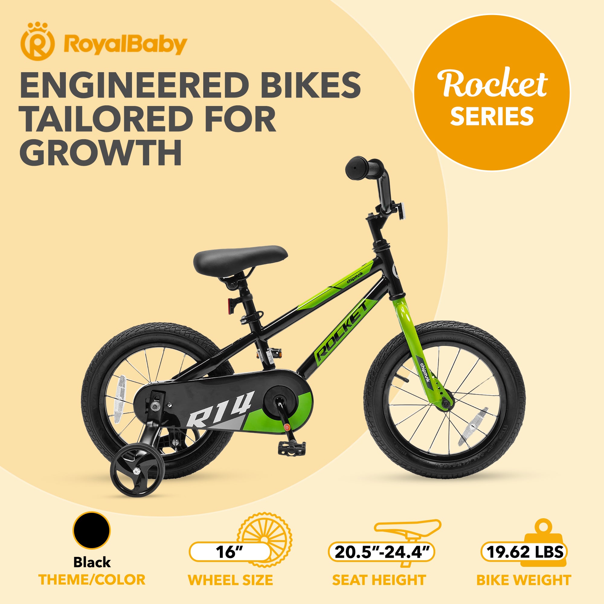 RoyalBaby Rocket Outdoor Children's Bike with Training Wheels, 16 Inch, Black