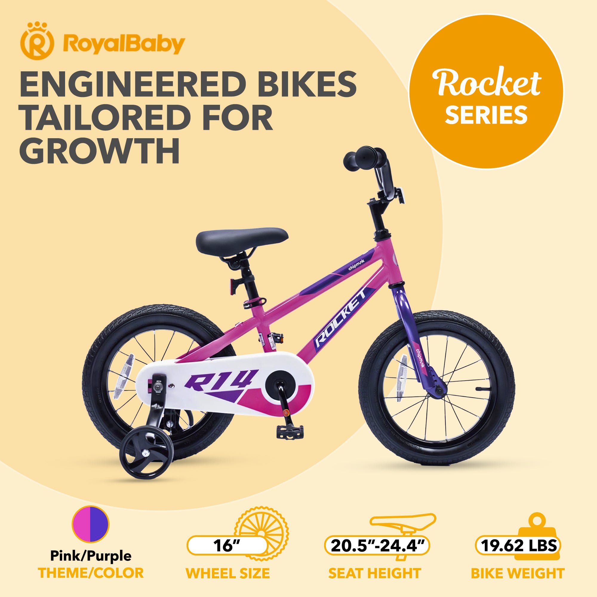 RoyalBaby Rocket Children's Bike with Training Wheels, 16 Inch, Pink (Used) - VMInnovations