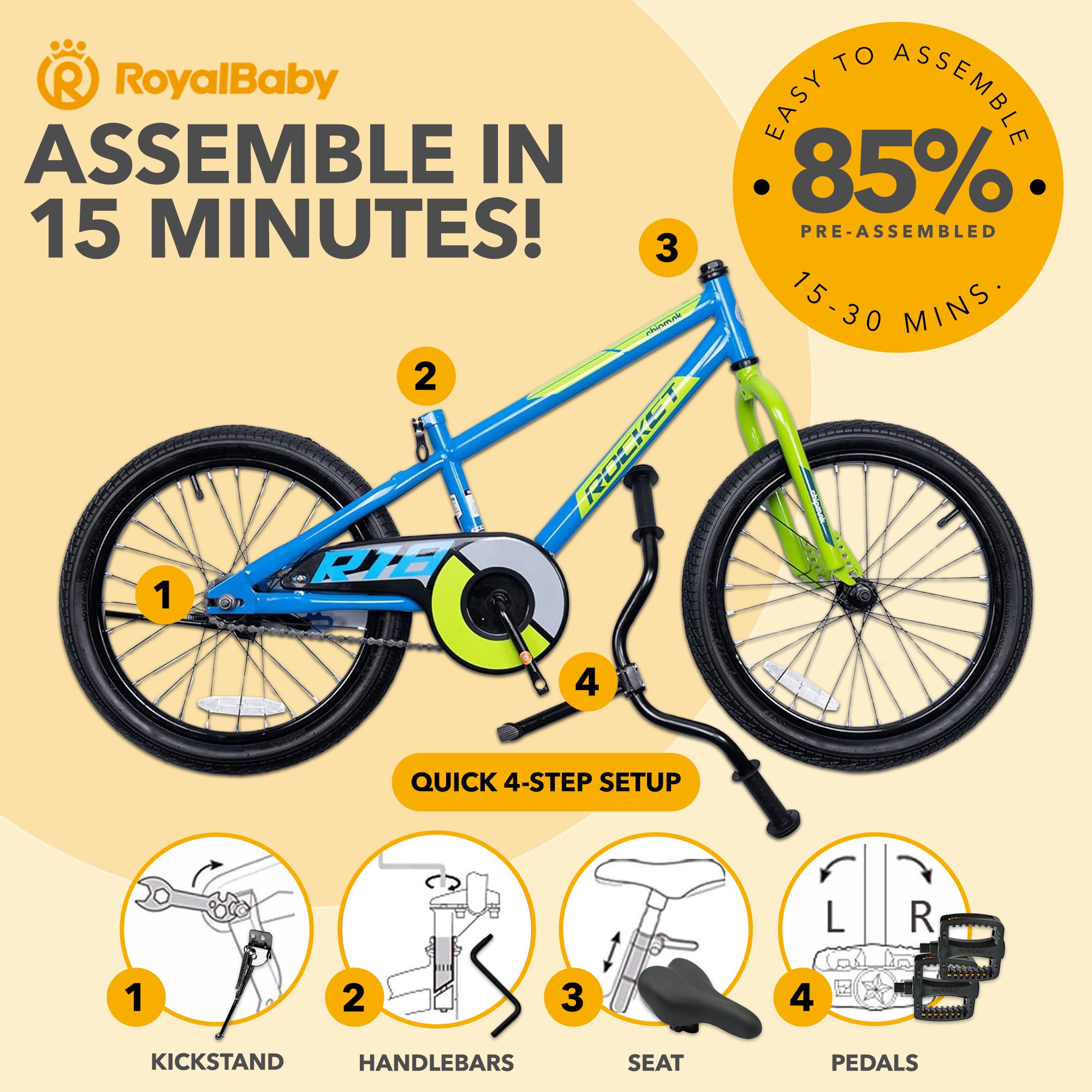 RoyalBaby Rocket Outdoor Children's Sport Bike w/Kickstand, 18", Blue (Open Box) - VMInnovations