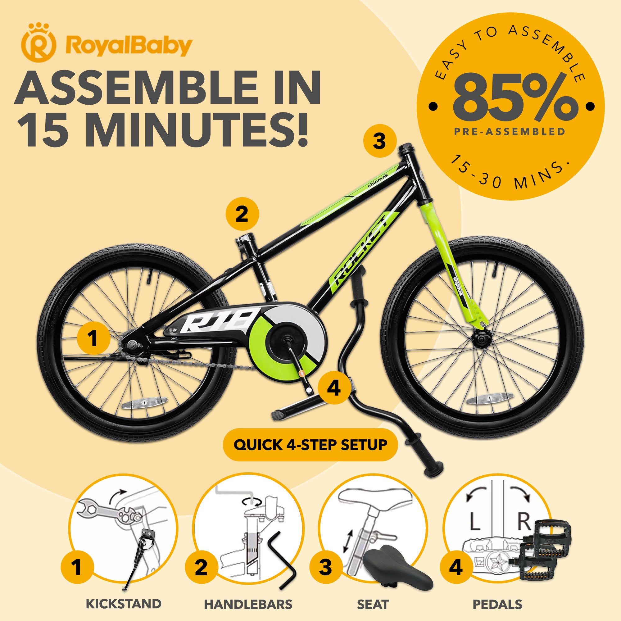 RoyalBaby Rocket Outdoor Children's Sport Bike with Kickstand, 18 Inch, Black - VMInnovations