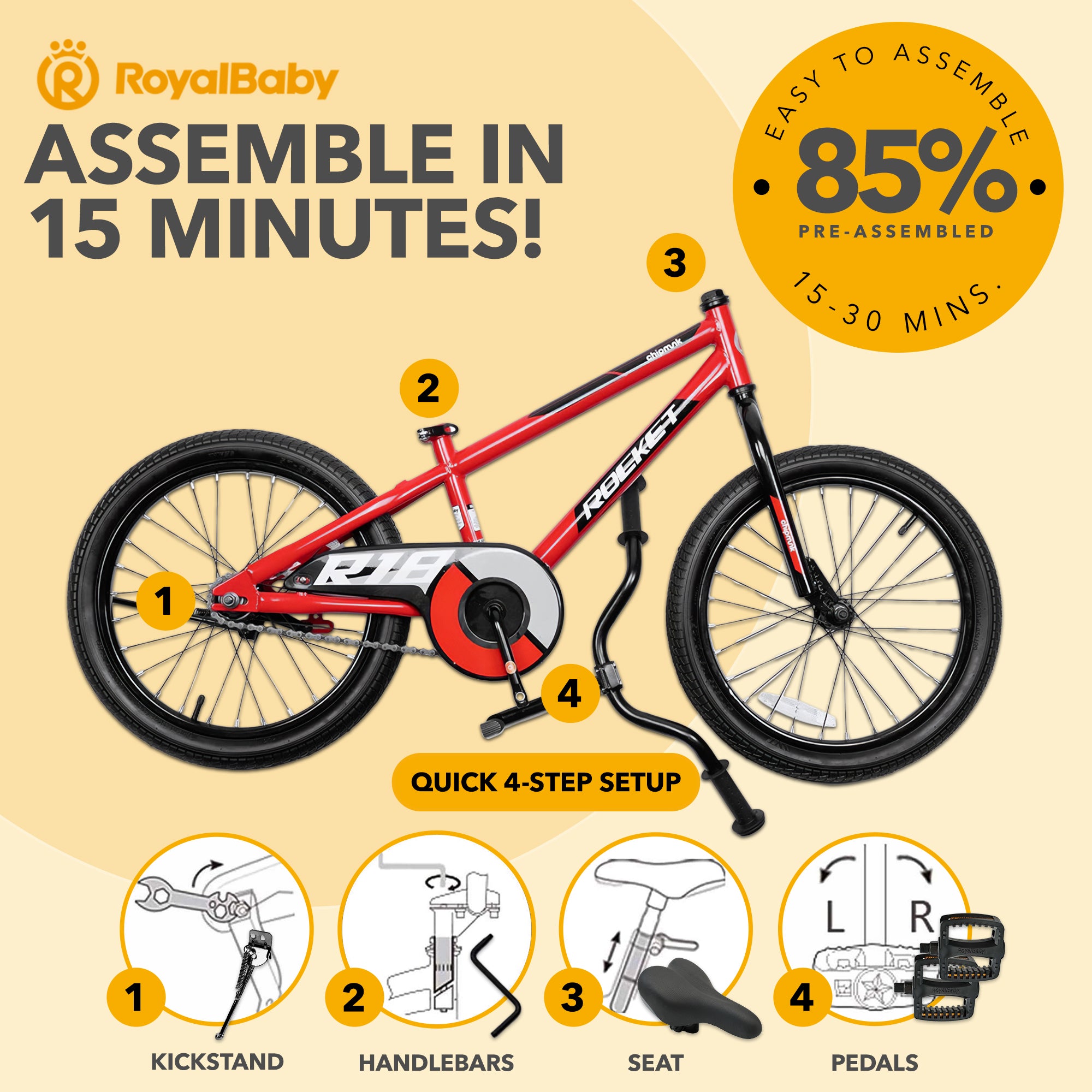 RoyalBaby Rocket Outdoor Children's Sport Bike with Kickstand, 18 Inch, Red
