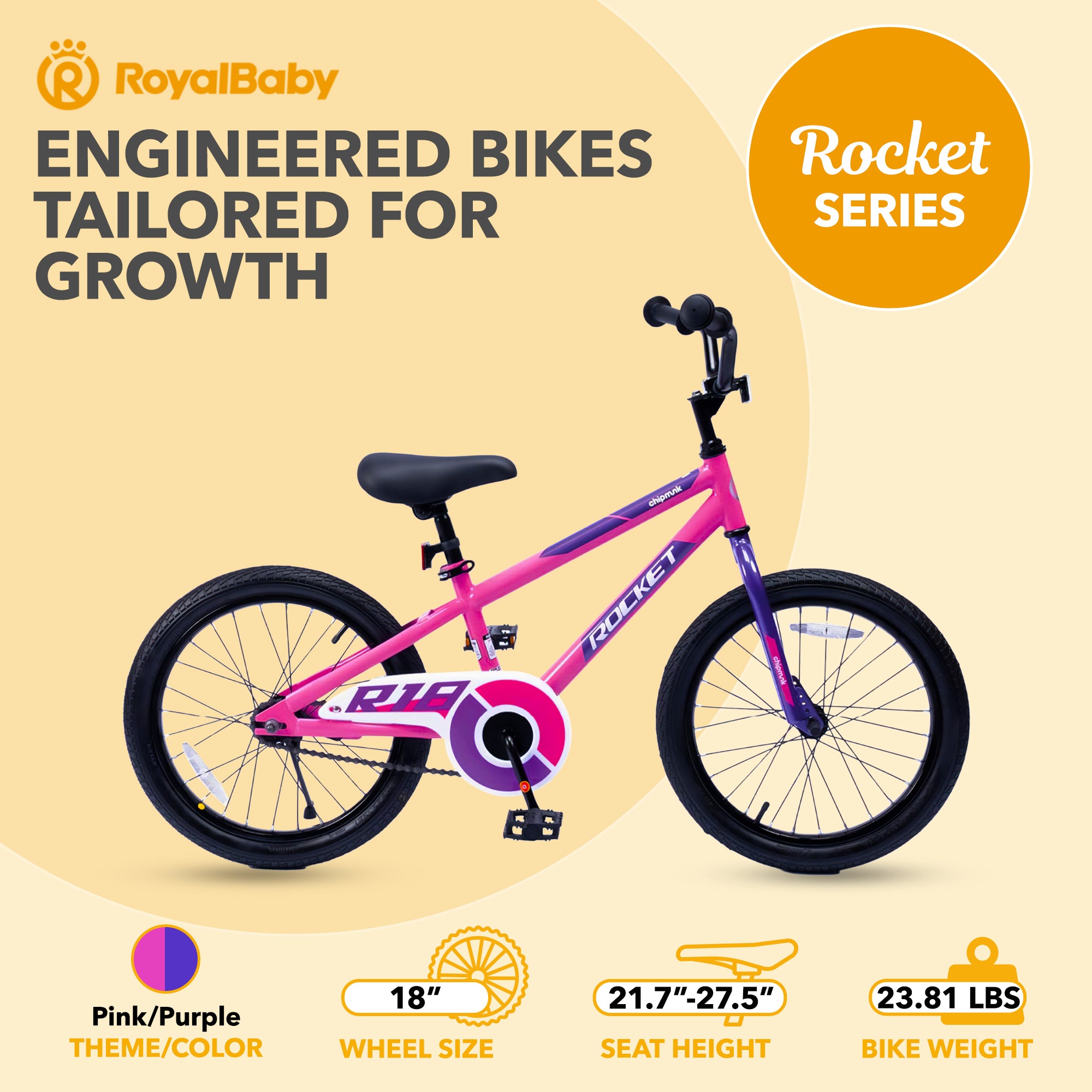 RoyalBaby Rocket Outdoor Children's Sport Bike with Kickstand, 18 Inch, Pink - VMInnovations