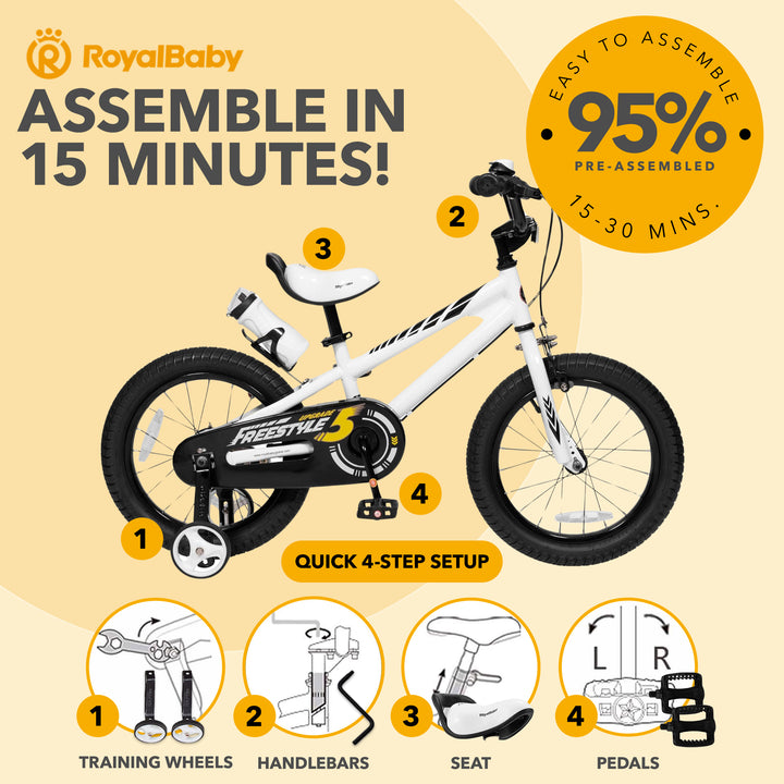 RoyalBaby Freestyle Outdoor Kid's Bicycle with Training Wheels, 12 Inch, White - VMInnovations