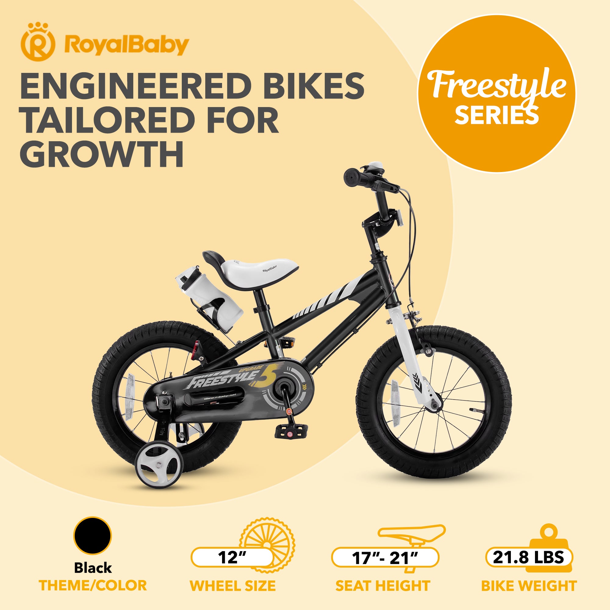 RoyalBaby Freestyle Outdoor Kid's Bicycle w/Training Wheels, 12",Black(Open Box)