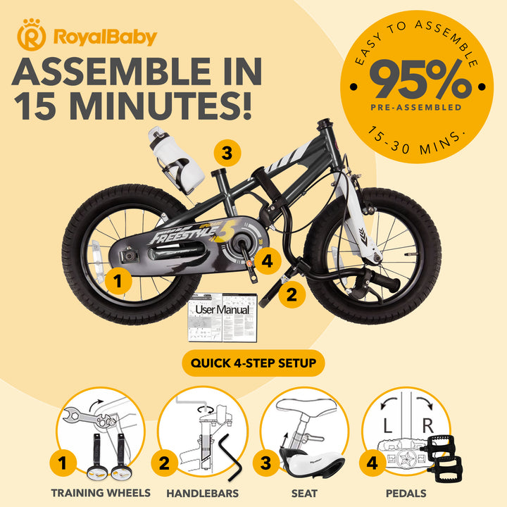 RoyalBaby Freestyle Outdoor Kid's Bicycle with Training Wheels, 12 Inch, Black - VMInnovations