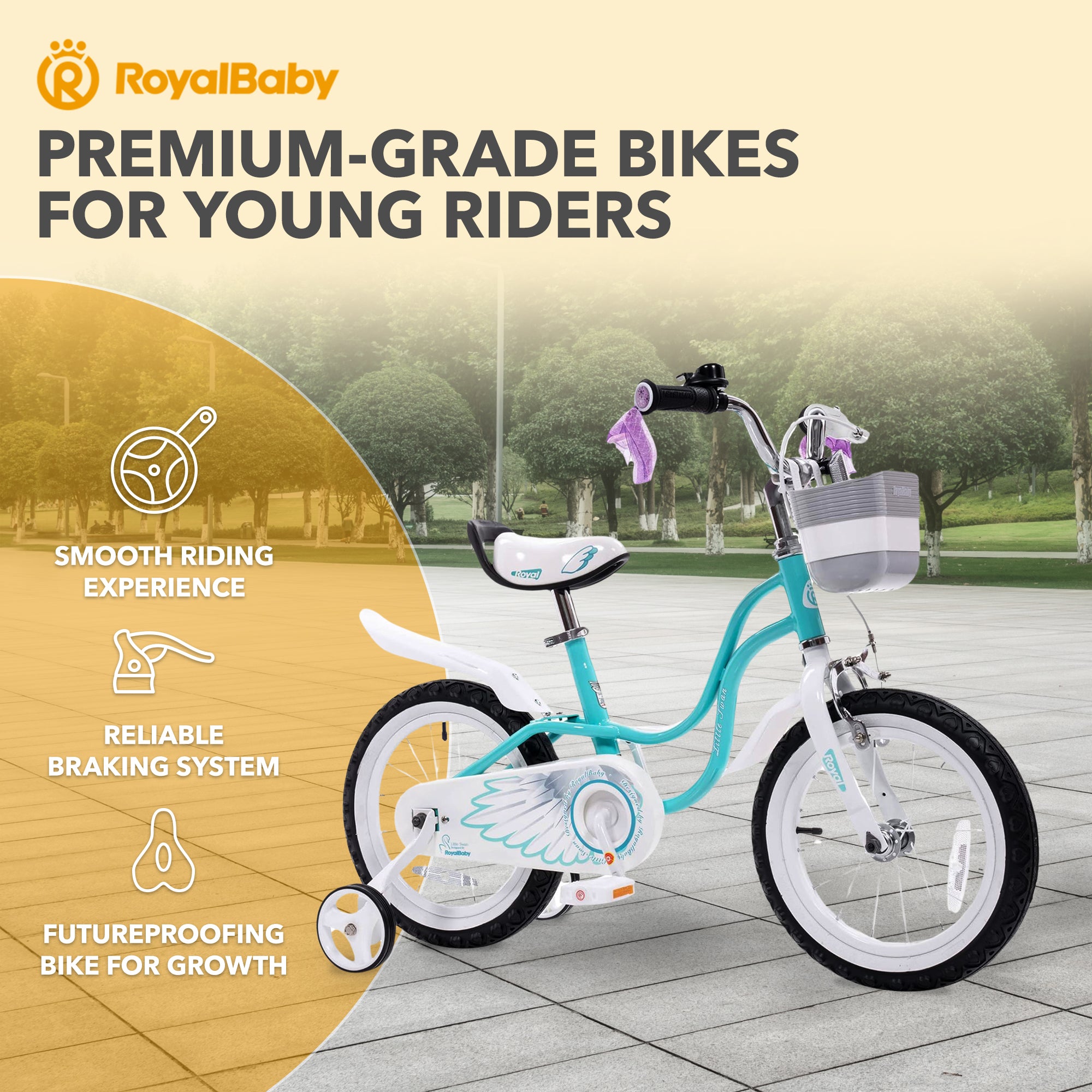 RoyalBaby Girl Kids Bicycle 14" w/Training Wheels, Swan/Lake Blue (Open Box) - VMInnovations