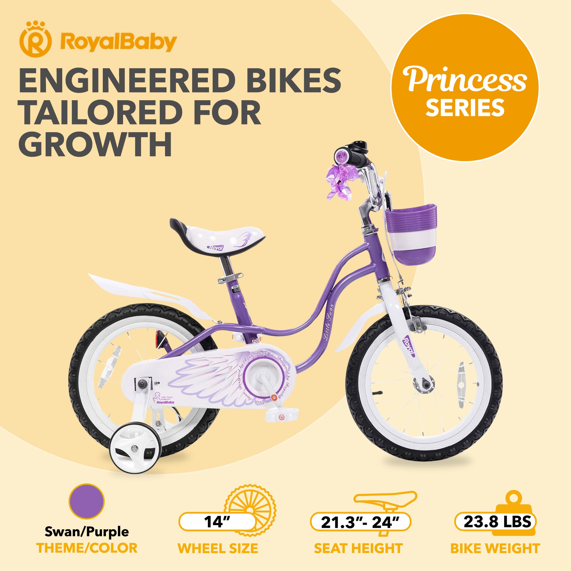 RoyalBaby Girl Kids Bicycle 14 Inch with Training Wheels, Swan/Purple (Open Box) - VMInnovations