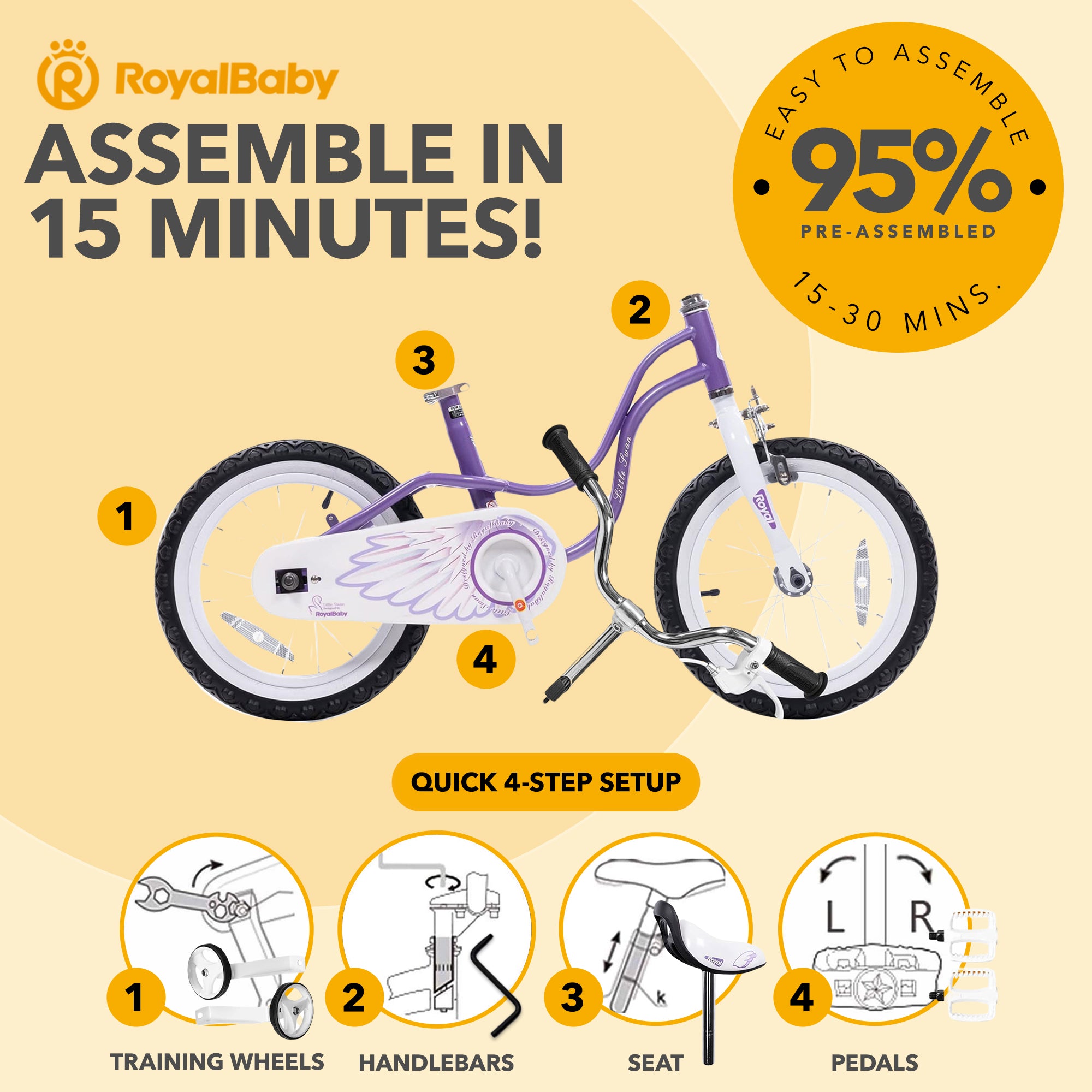 RoyalBaby Girl Kids Bicycle 14 Inch with Training Wheels, Swan/Purple (Open Box) - VMInnovations