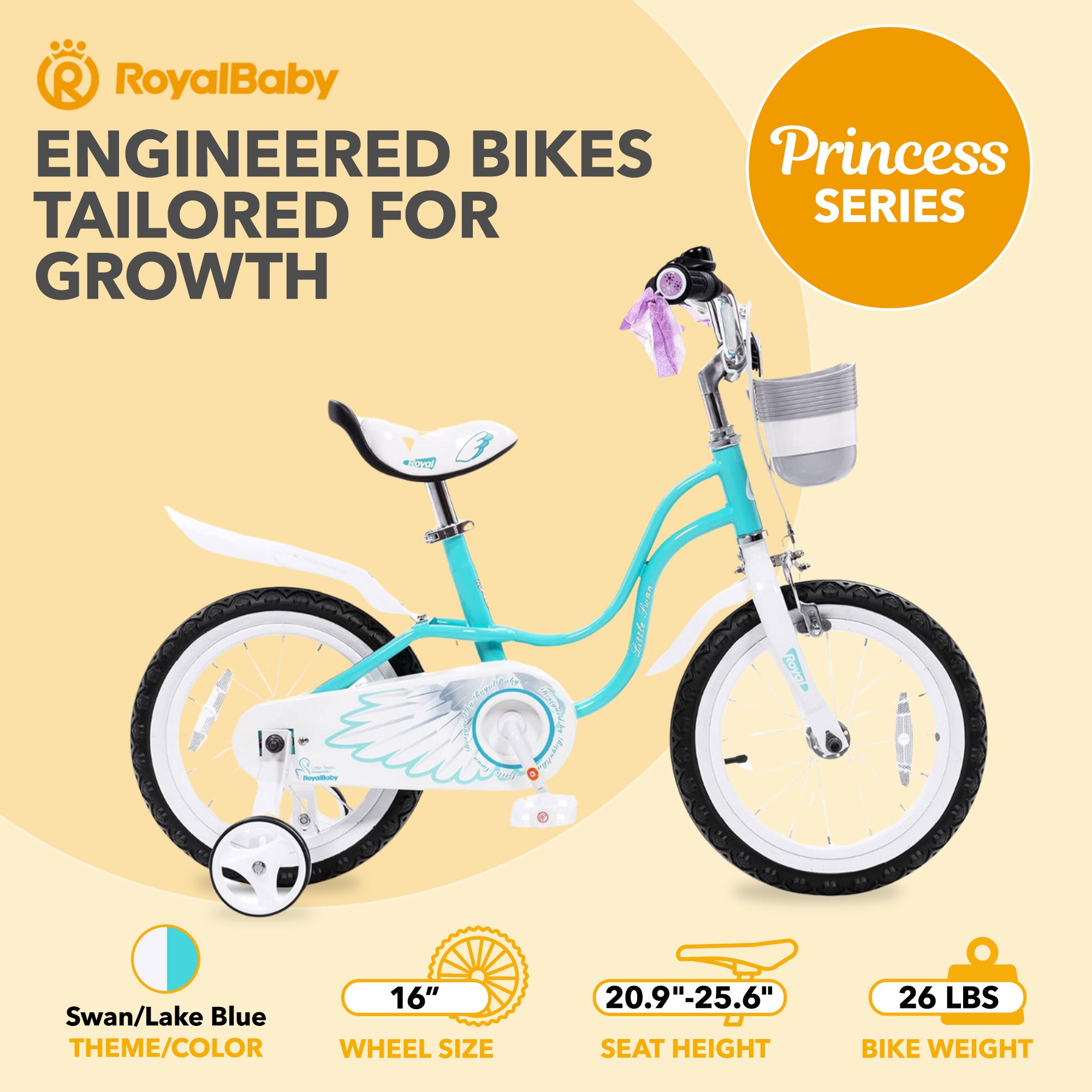RoyalBaby Girl Bicycle 16" w/Training Wheels & Kickstand, Swan/Blue (Open Box) - VMInnovations