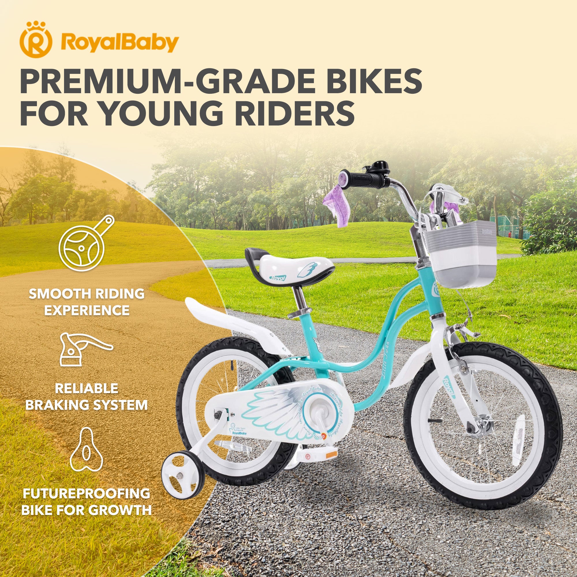 RoyalBaby Girl Bicycle 16" w/Training Wheels & Kickstand, Swan/Blue (Open Box) - VMInnovations
