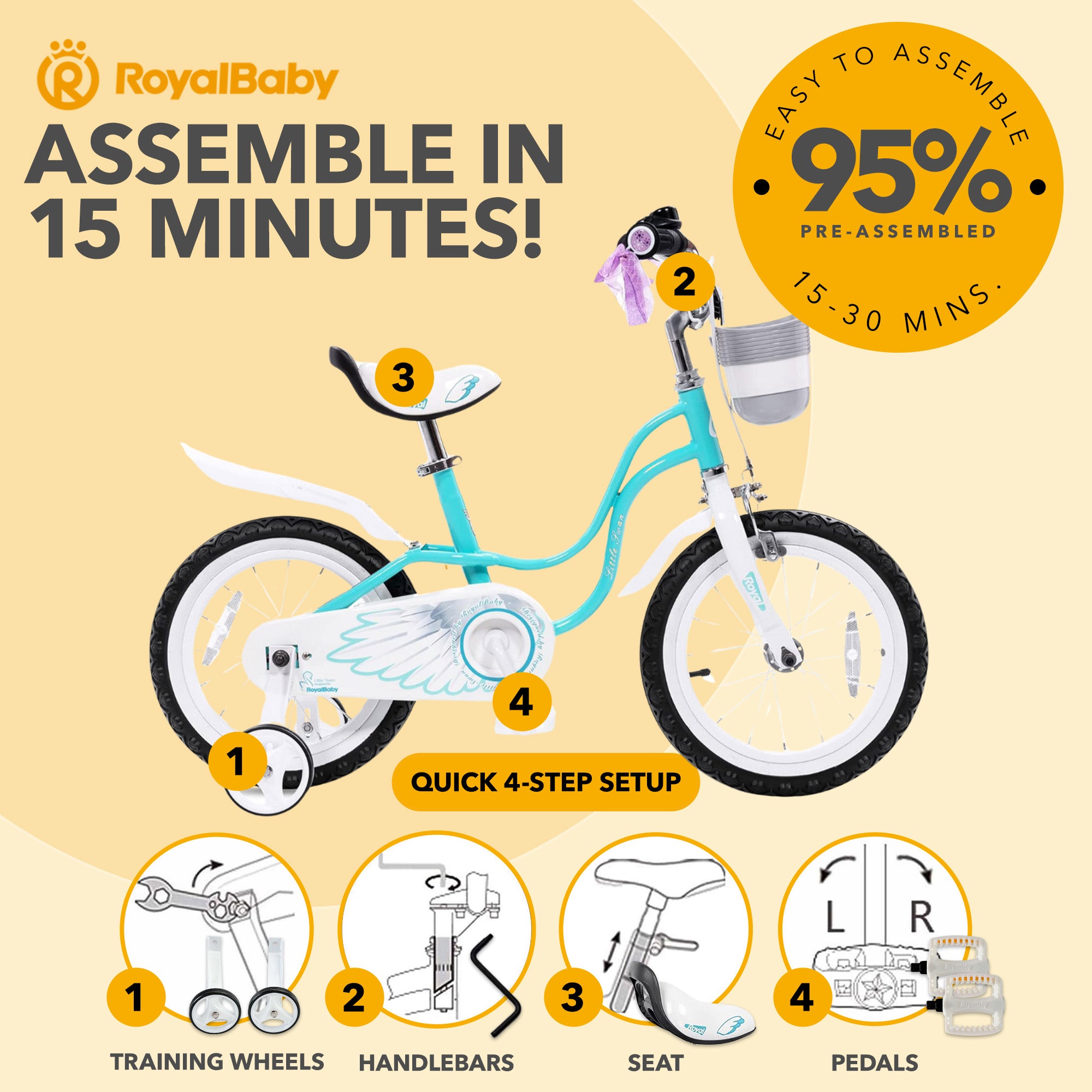 RoyalBaby Girl Bicycle 16" w/Training Wheels & Kickstand, Swan/Blue (Open Box) - VMInnovations