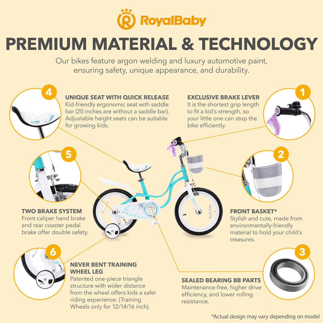 RoyalBaby Princess Girl Bicycle 16" with Training Wheels & Kickstand, Swan/Blue