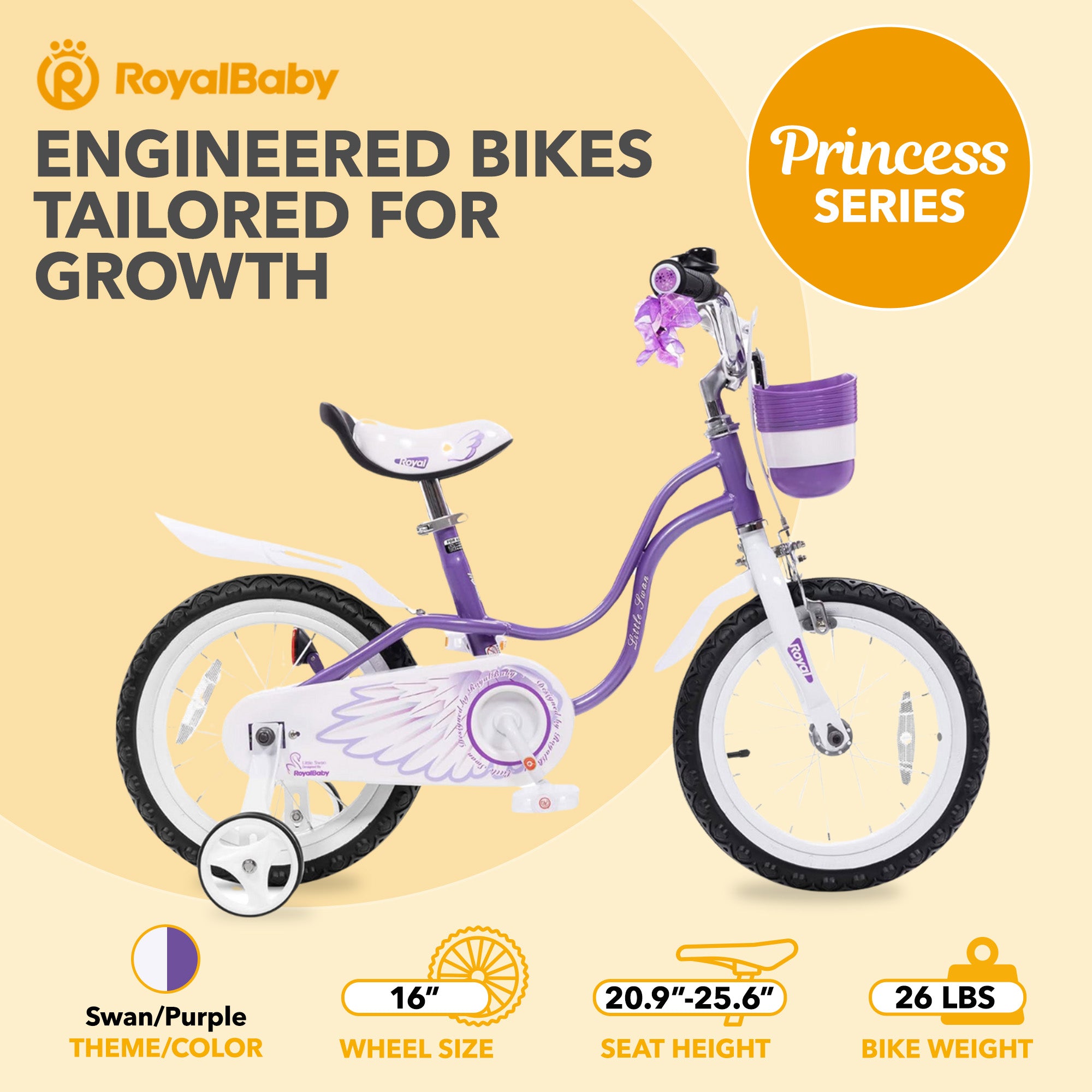 RoyalBaby Girl Bicycle 16" w/ Training Wheels & Kickstand, Swan/Purple(Open Box) - VMInnovations