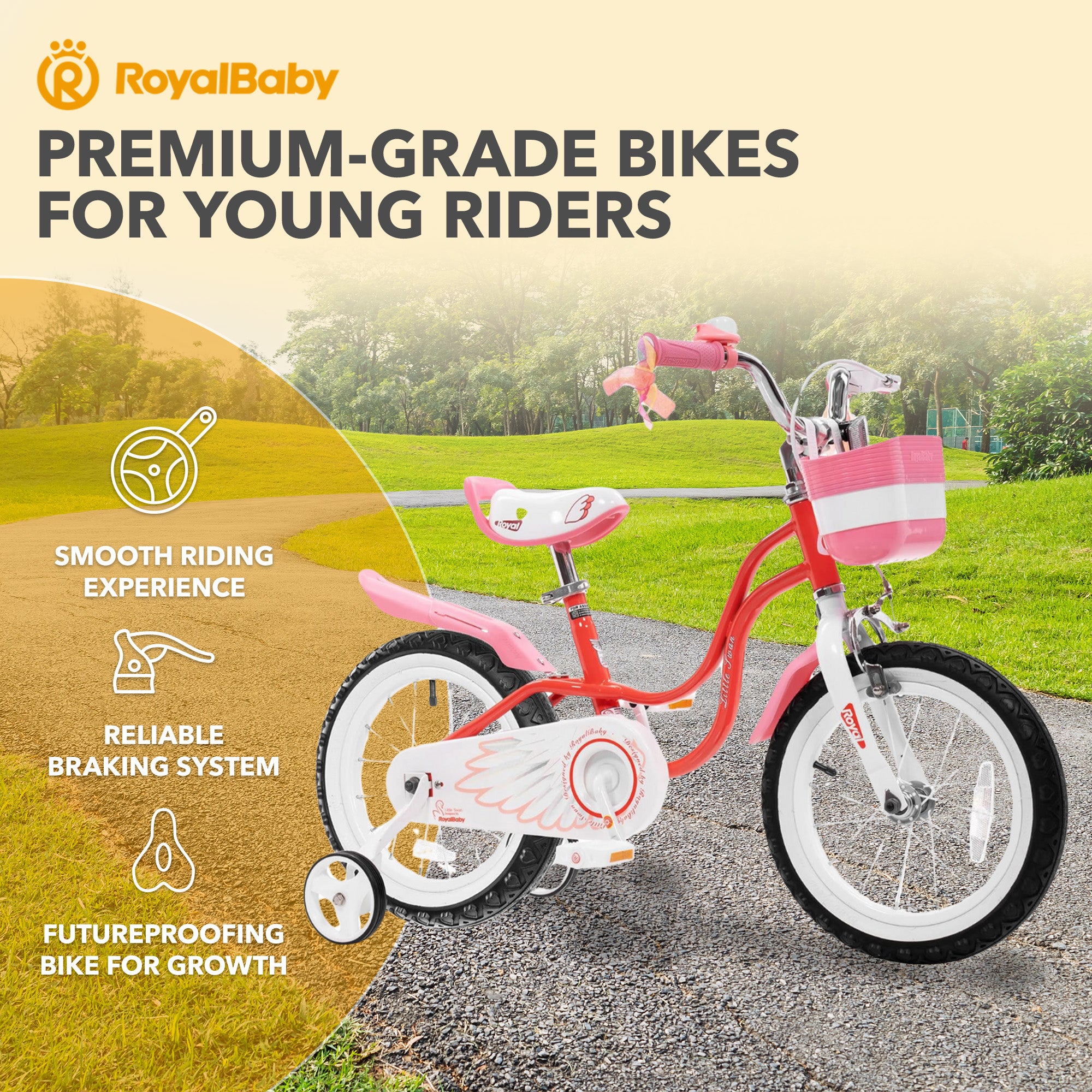 RoyalBaby Princess Girl Bicycle 16" with Training Wheels & Kickstand, Swan/Red - VMInnovations