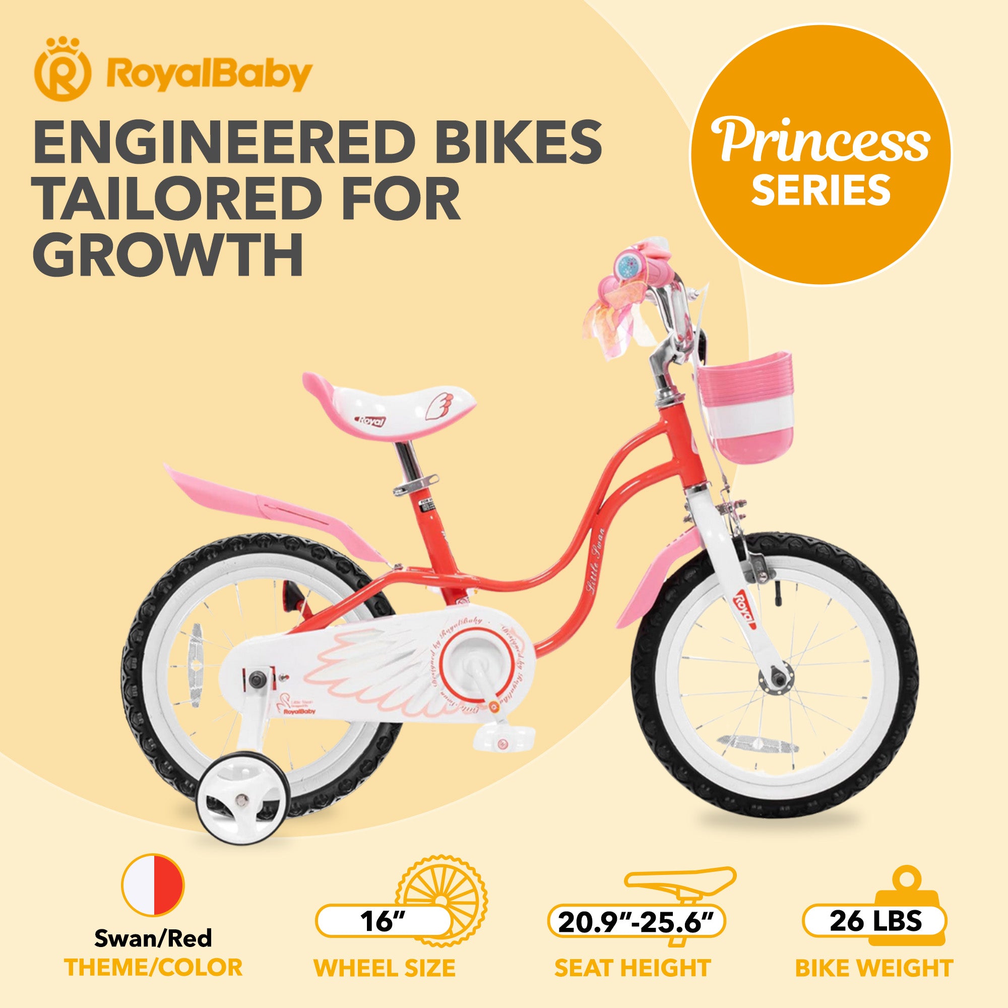RoyalBaby Princess Girl Bicycle 16" with Training Wheels & Kickstand, Swan/Red - VMInnovations
