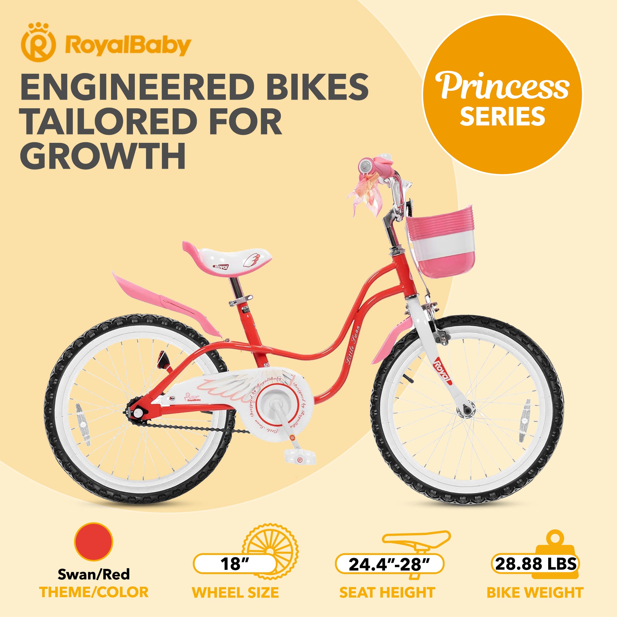 RoyalBaby Princess Girl Kids Outdoor Bicycle 18 Inch with Kickstand, Swan/Red - VMInnovations