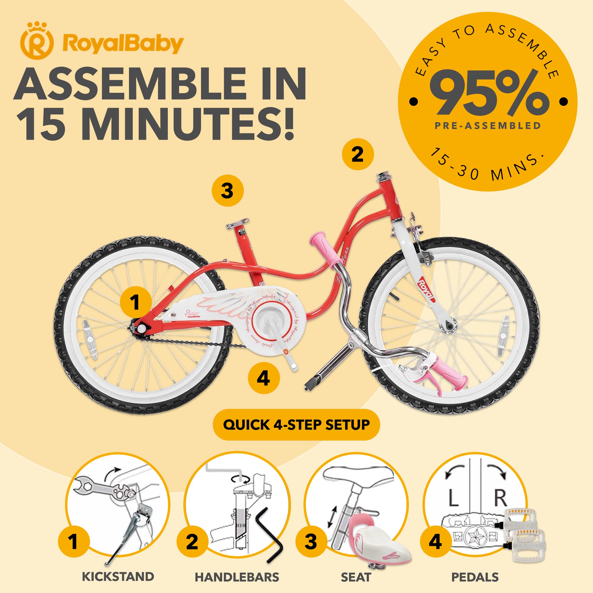 RoyalBaby Princess Girl Kids Outdoor Bicycle 18 Inch with Kickstand, Swan/Red - VMInnovations