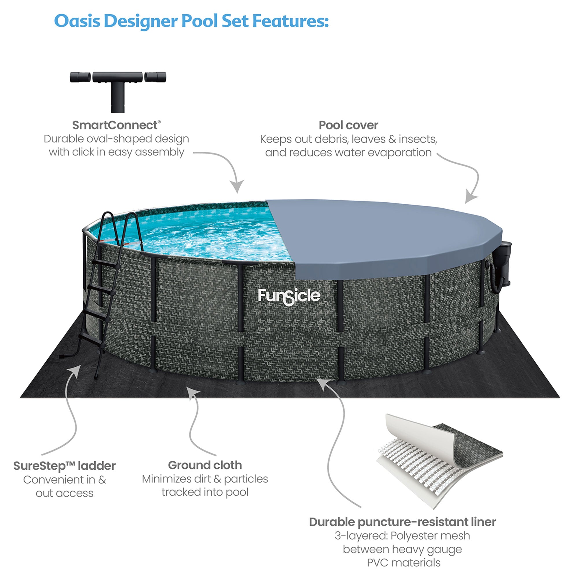 Funsicle 16'x48" Oasis Round Frame Swimming Pool w/ 16' Cover, Dark Herringbone - VMInnovations