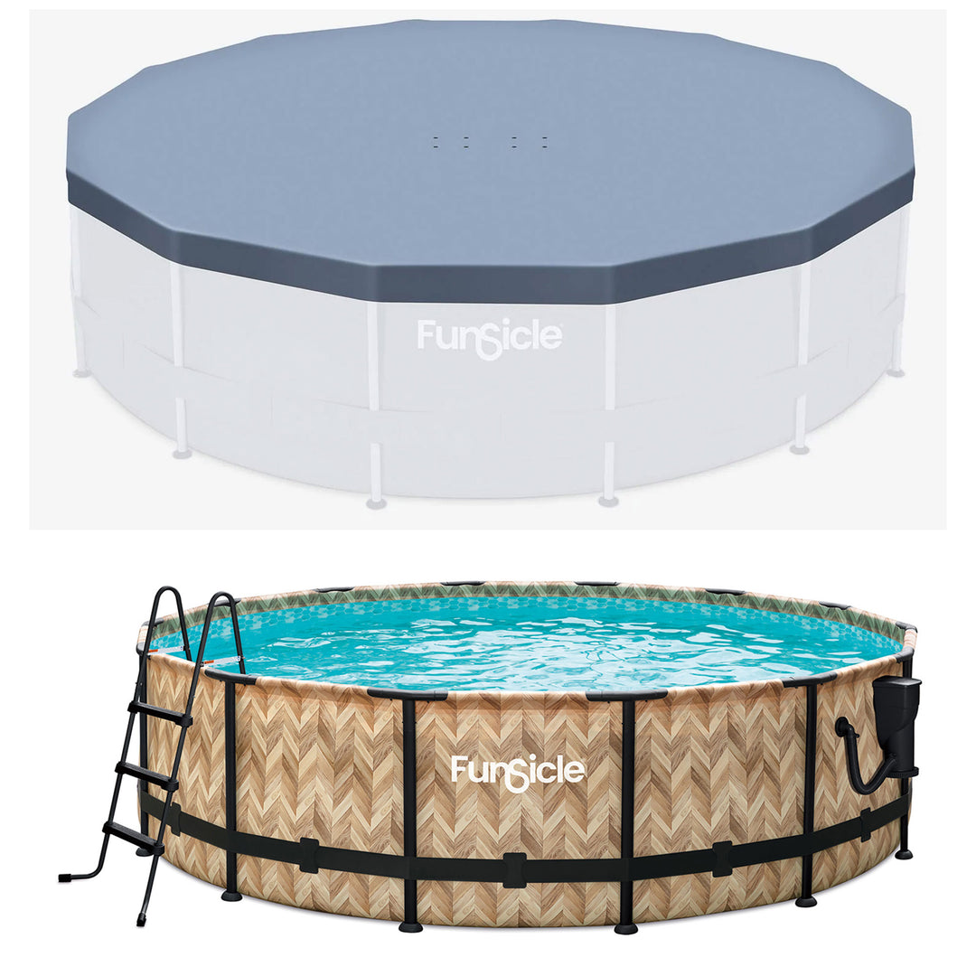 Funsicle 14'x42" Oasis Round Swimming Pool w/ 14' Debris Cover, Oak Herringbone - VMInnovations