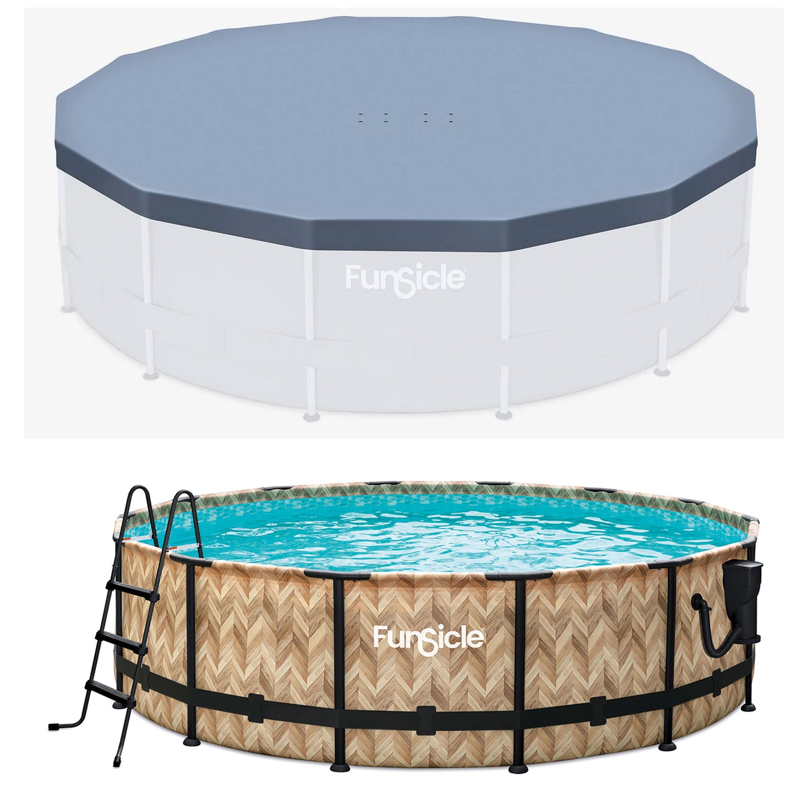 Funsicle 14'x42" Oasis Round Swimming Pool w/ 14' Debris Cover, Oak Herringbone - VMInnovations