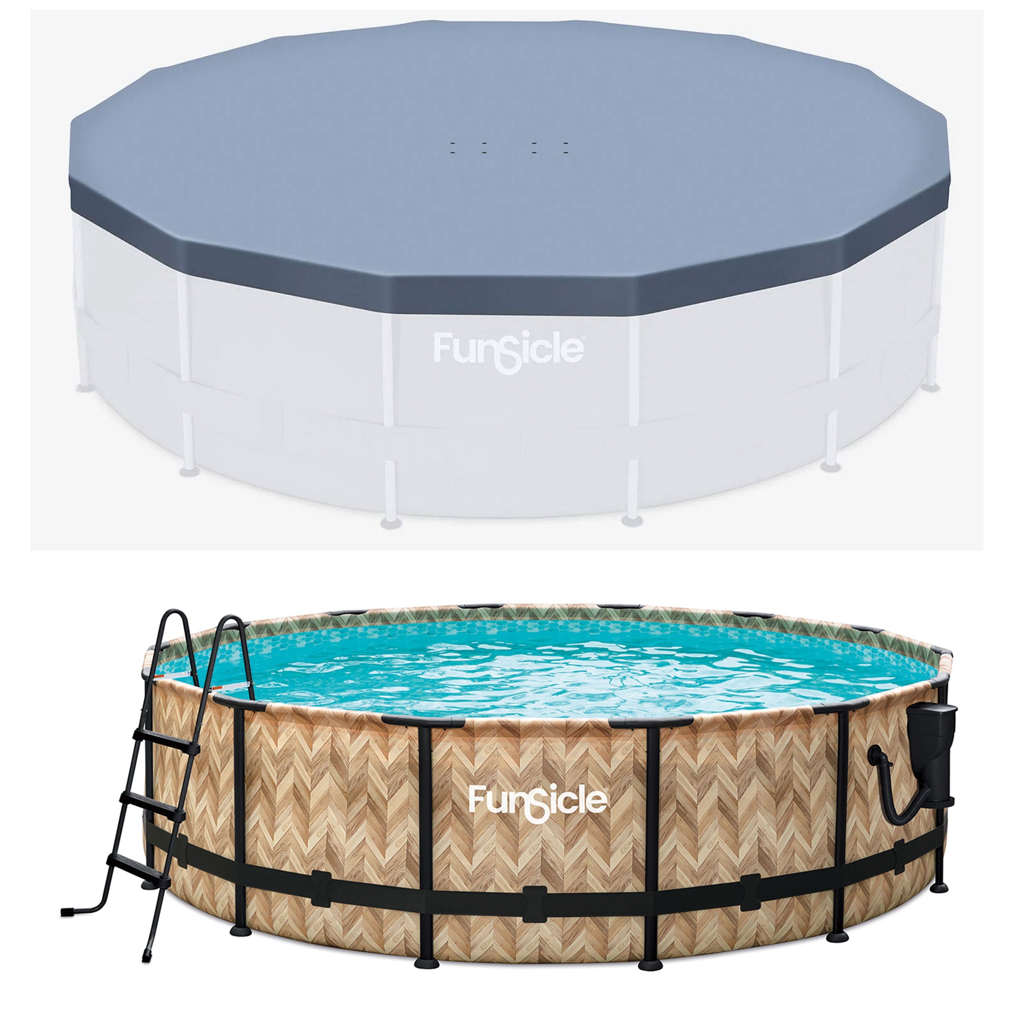 Funsicle 14'x42" Oasis Round Swimming Pool w/ 14' Debris Cover, Oak Herringbone - VMInnovations