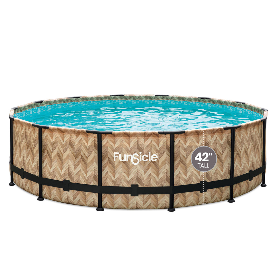 Funsicle 14'x42" Oasis Round Swimming Pool w/ 14' Debris Cover, Oak Herringbone - VMInnovations