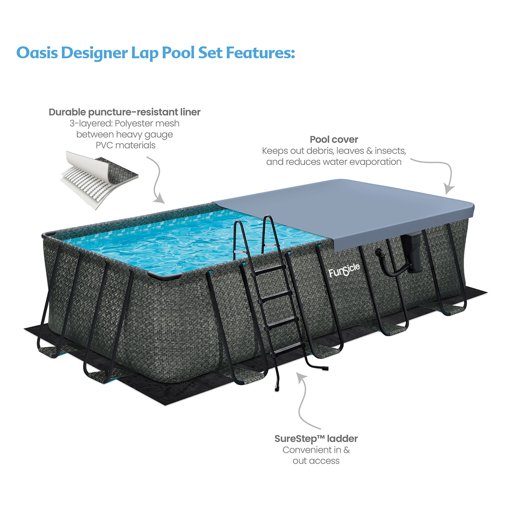 Funsicle 18' x 9' x 52" Oasis Rectangular Swimming Pool Set with 18' Cover, Gray - VMInnovations