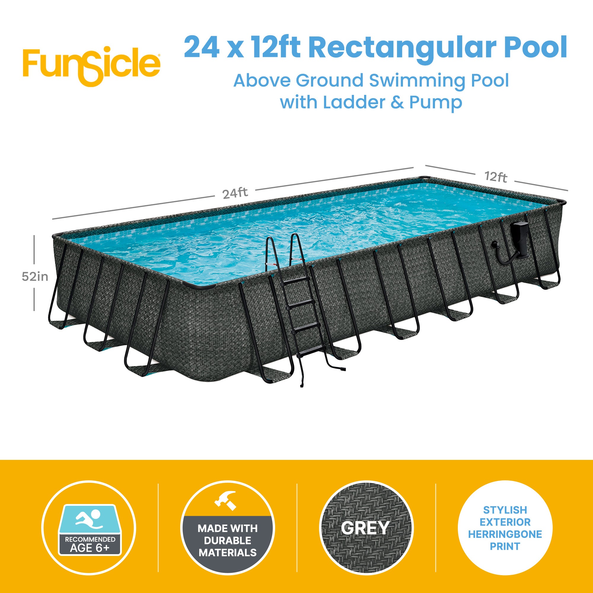 Funsicle 24'x12'x52" Oasis Rectangular Swimming Pool Set with 24' Cover, Gray - VMInnovations