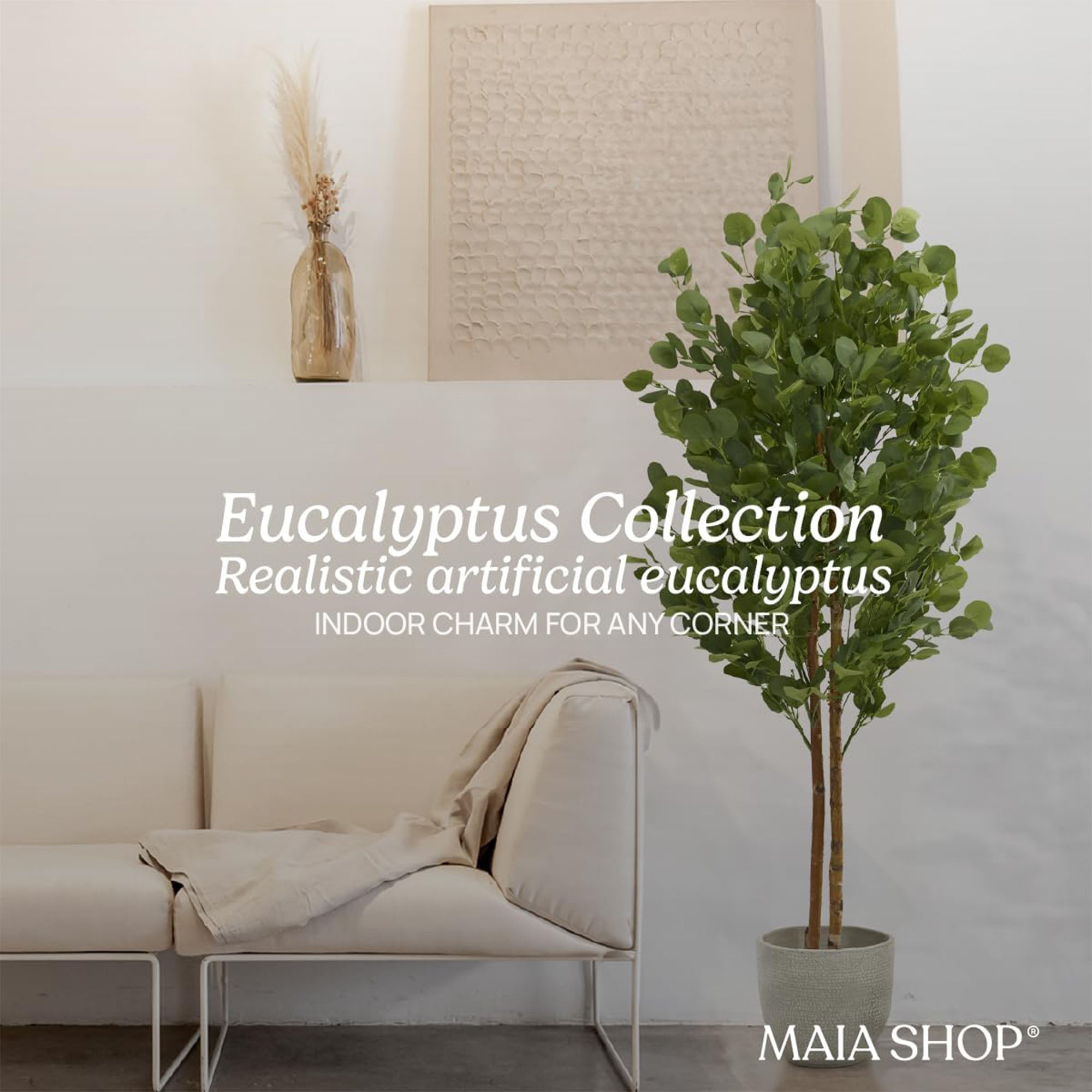 Maia Shop Artificial Eucalyptus Tree 5' Tall, Fake Tree with Natural Wood Trunk - VMInnovations