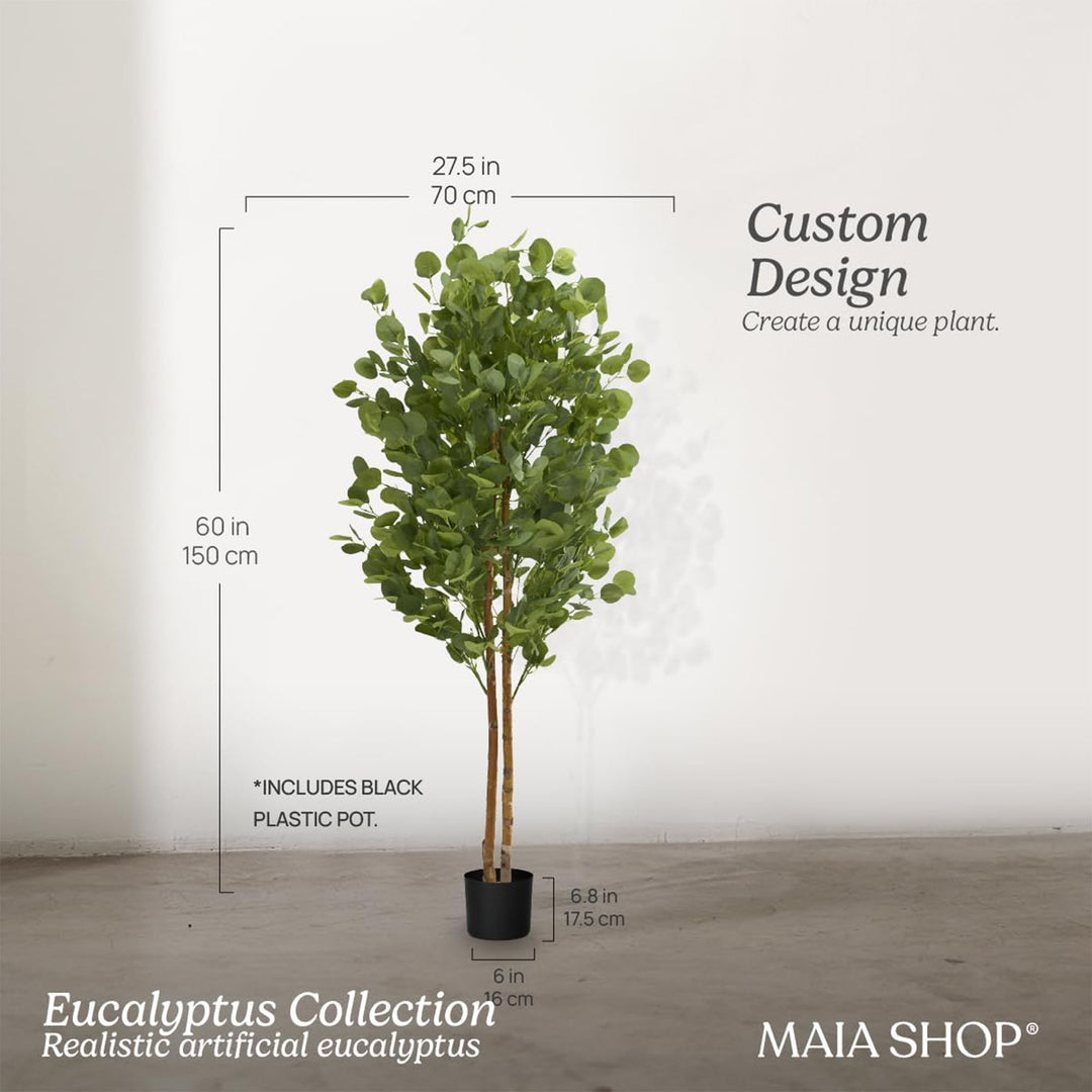 Maia Shop Artificial Eucalyptus Tree 5' Tall, Fake Tree with Natural Wood Trunk - VMInnovations