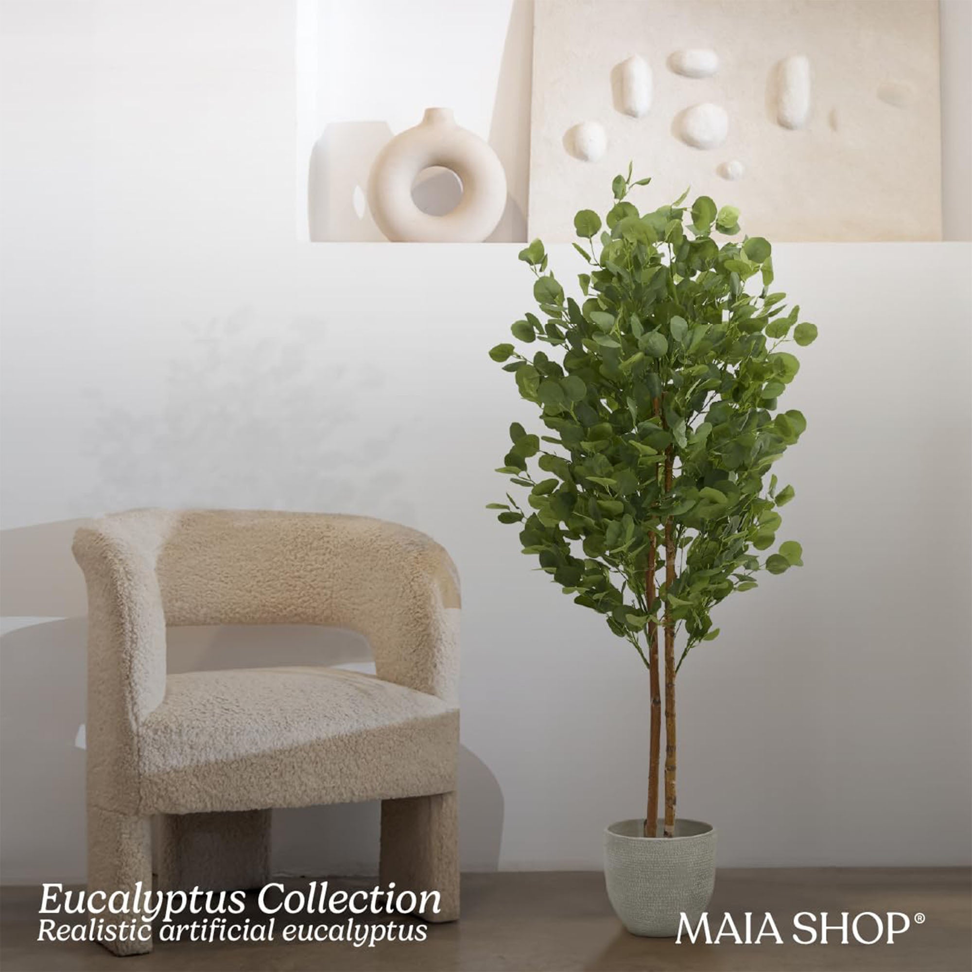 Maia Shop Artificial Eucalyptus Tree 5' Tall, Fake Tree w/Wood Trunk (Open Box)