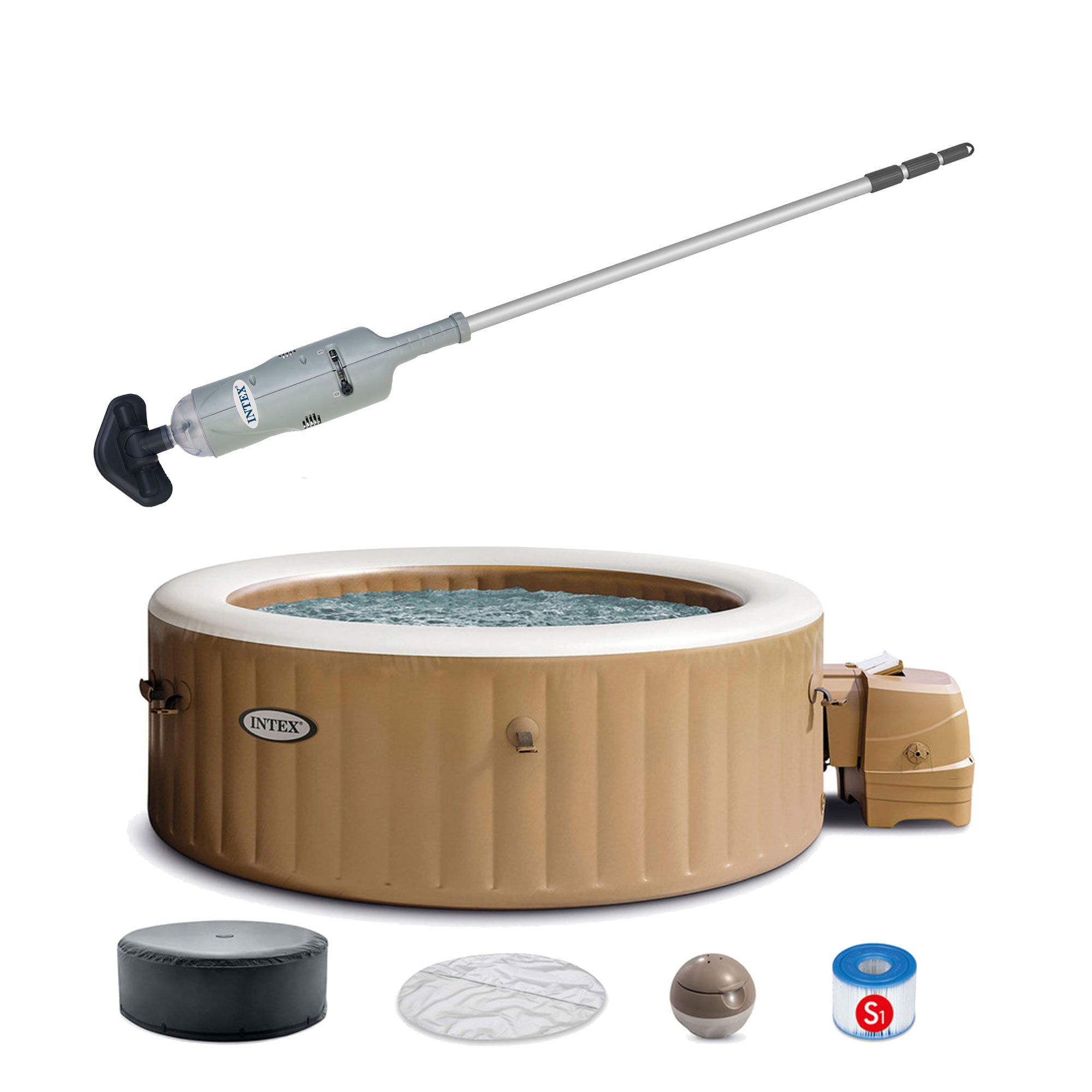 Intex Handheld Pool Vacuum with PureSpa 4 Person Inflatable Hot Tub, Sahara Tan