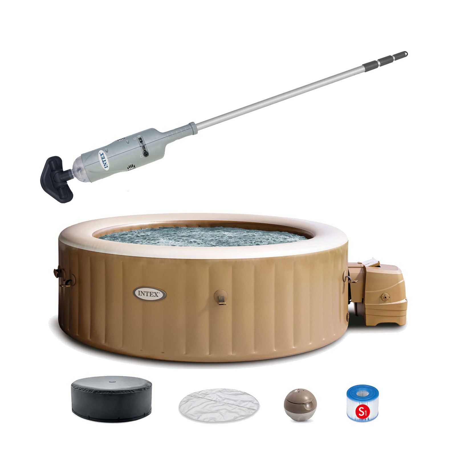 Intex Handheld Pool Vacuum with PureSpa 6 Person Inflatable Hot Tub, Sahara Tan - VMInnovations