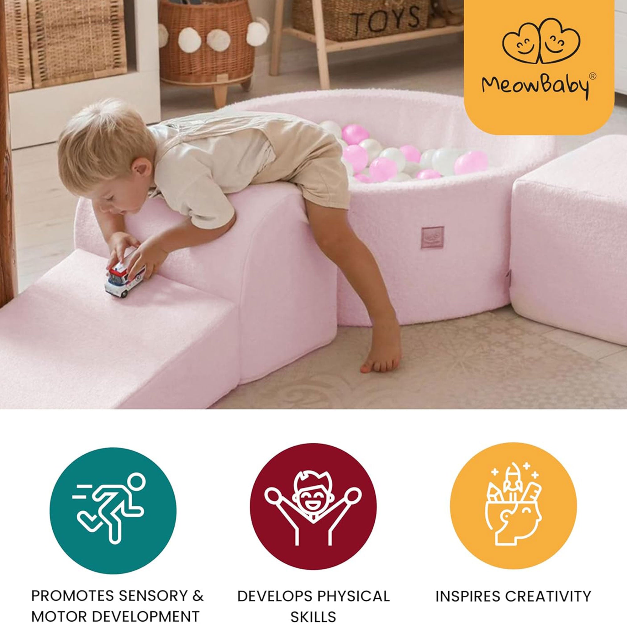 MeowBaby Round 4 Element Baby Foam Blocks Ball Pit with 100 Balls, Powder Pink - VMInnovations