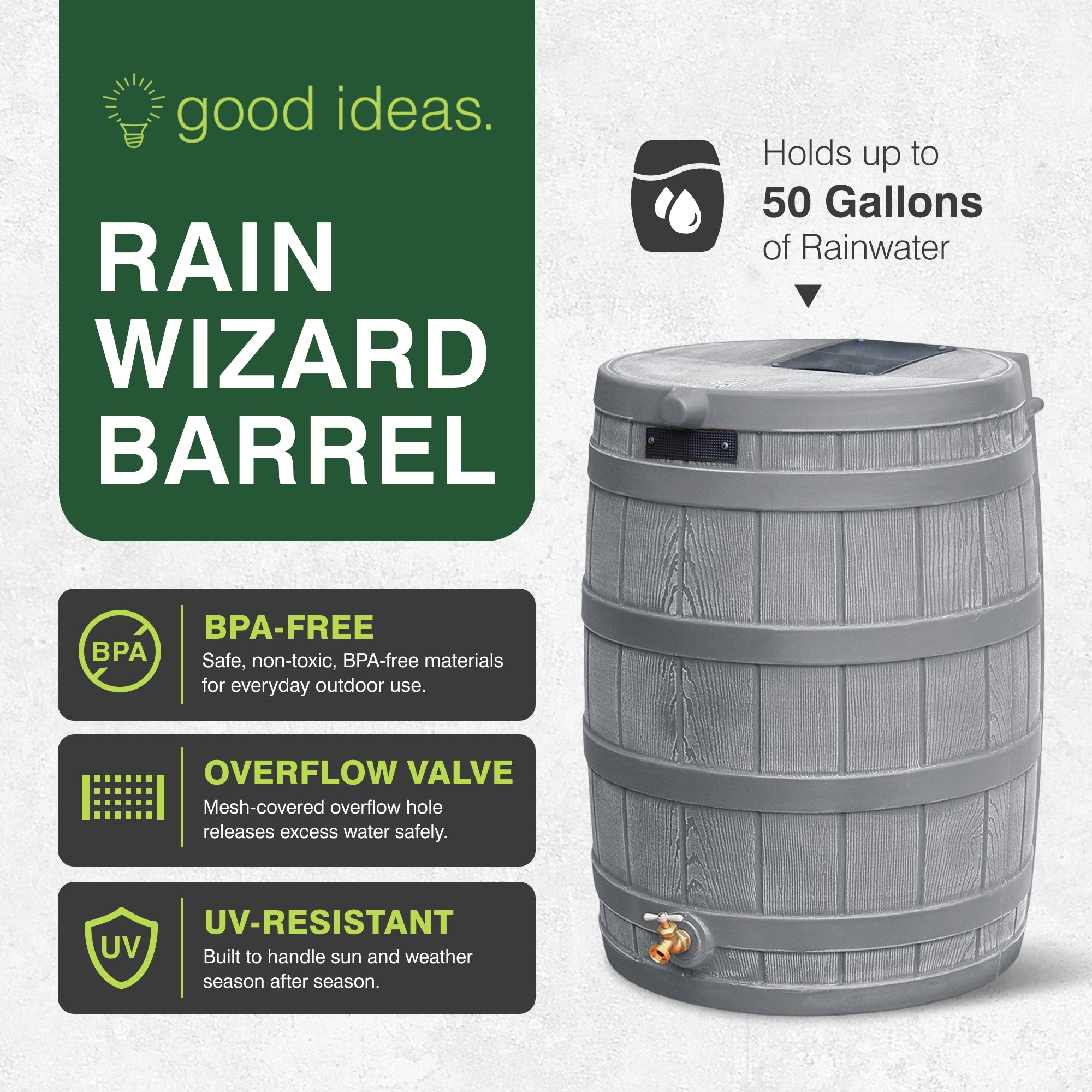 Good Ideas RW50 Rain Wizard 50 Gallon Plastic Rain Barrel Water Collector, Gray